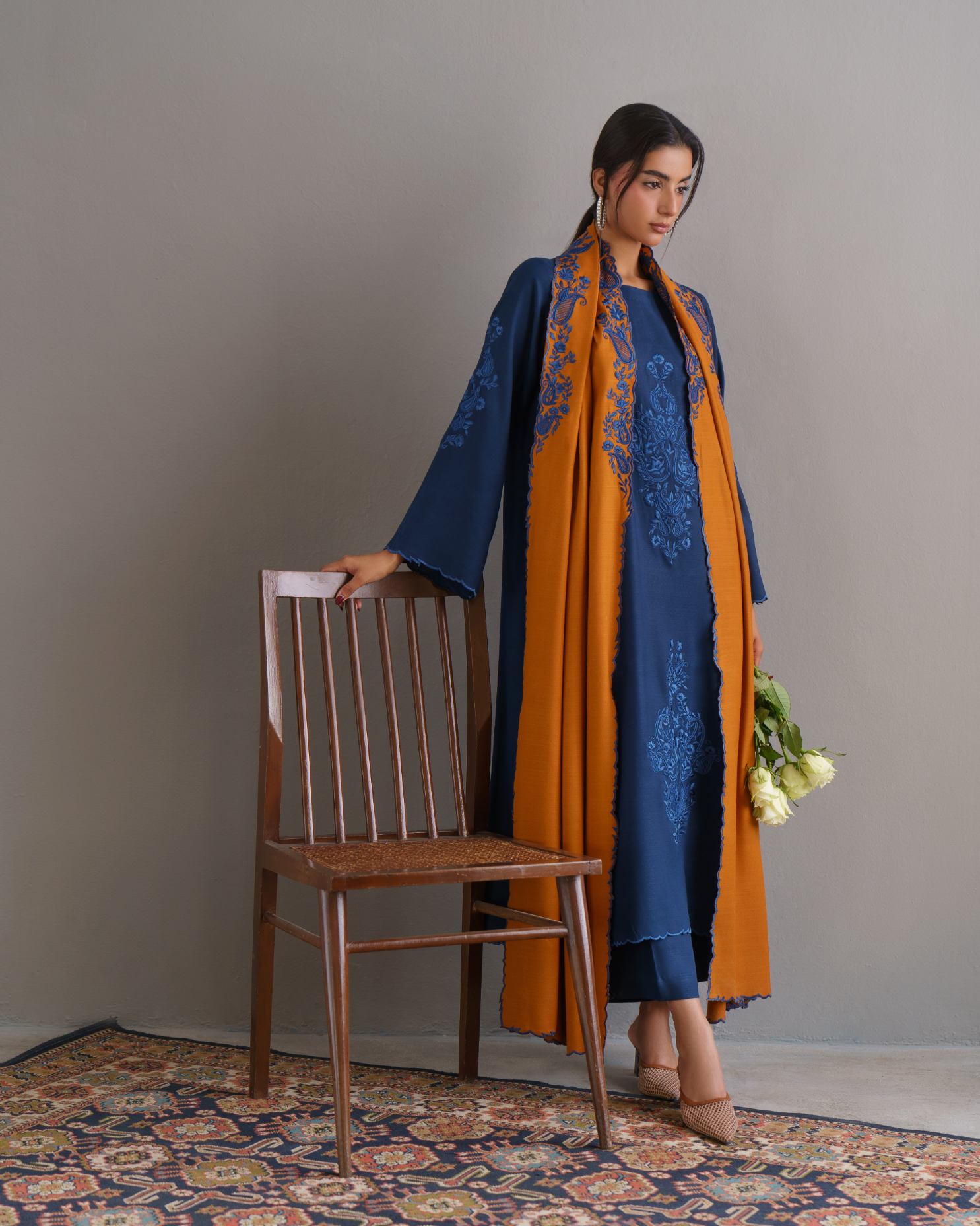 3-Piece Blue Woolina Embroidered
