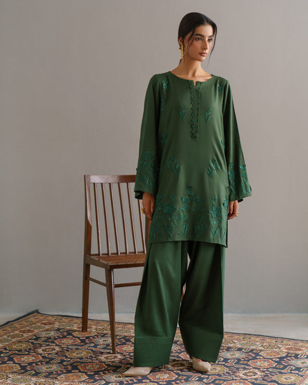 3-Piece Green Woolina Embroidered