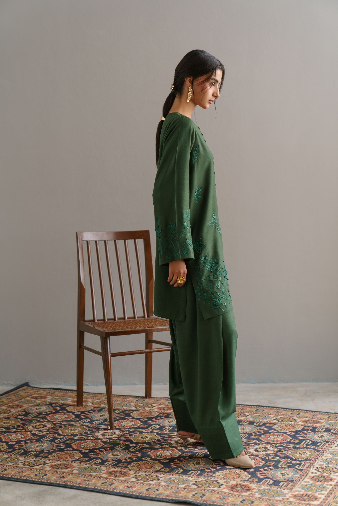 3-Piece Green Woolina Embroidered