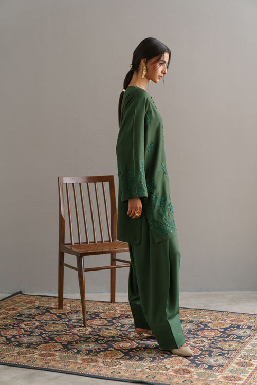 3-Piece Green Woolina Embroidered