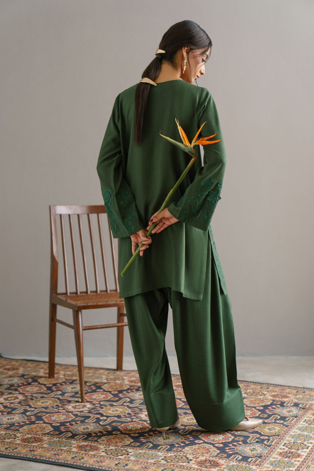 3-Piece Green Woolina Embroidered