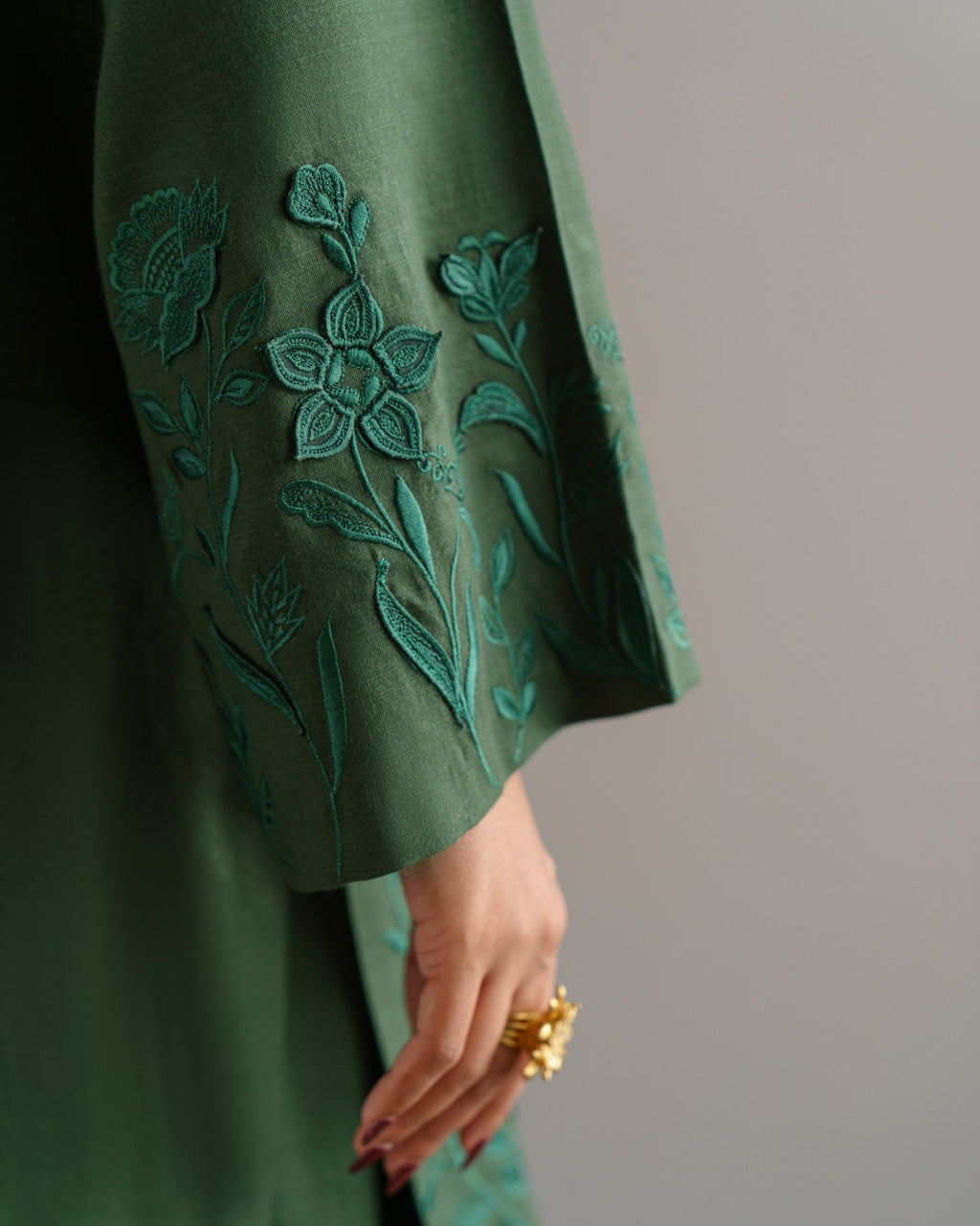 3-Piece Green Woolina Embroidered