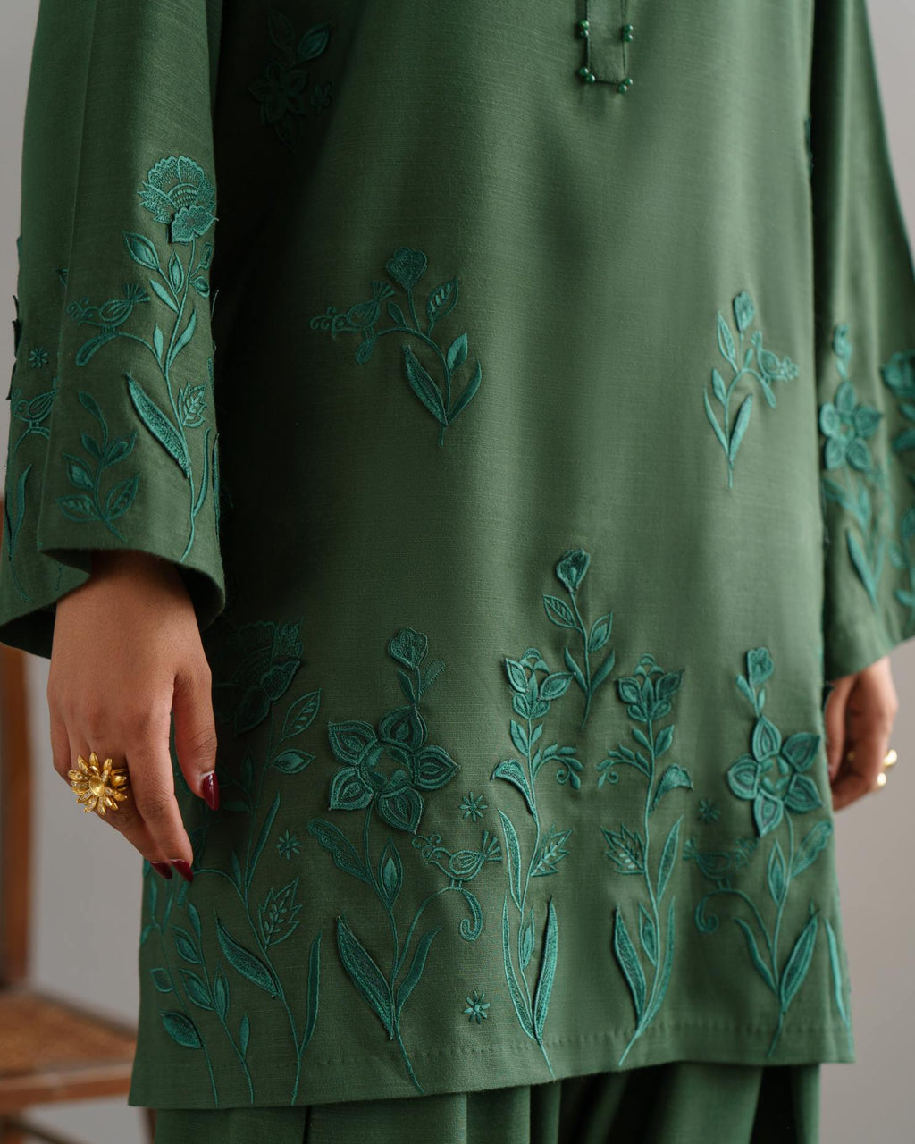 3-Piece Green Woolina Embroidered