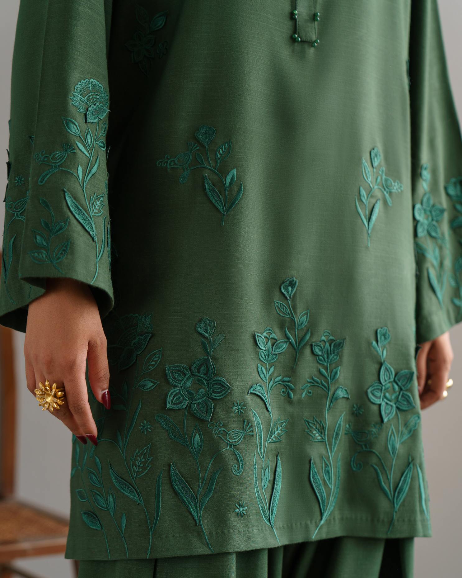 3-Piece Green Woolina Embroidered