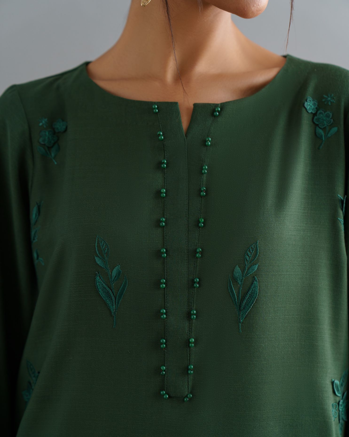 3-Piece Green Woolina Embroidered