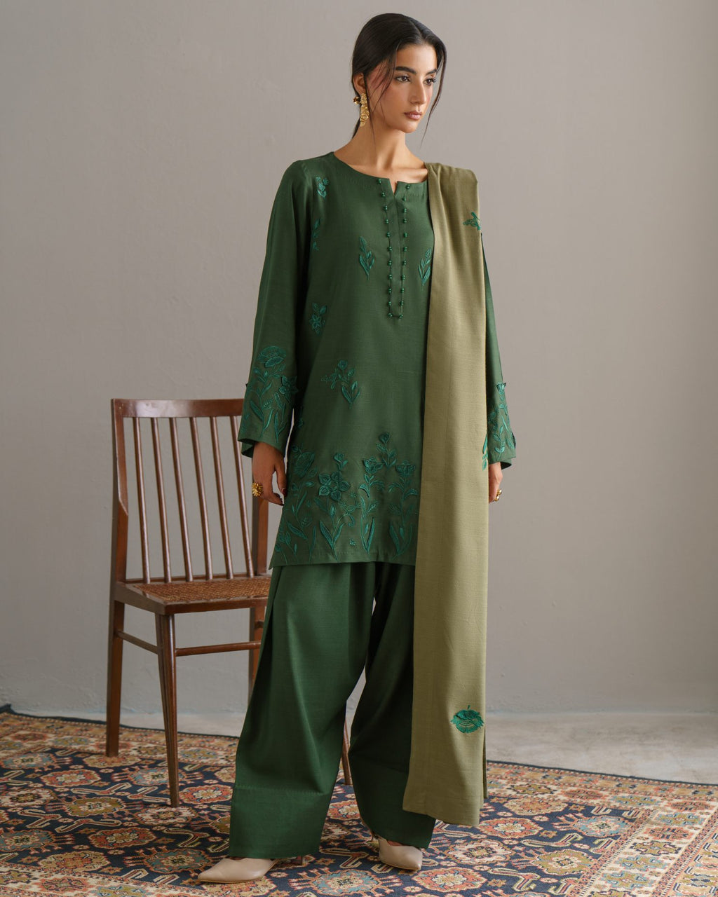 3-Piece Green Woolina Embroidered