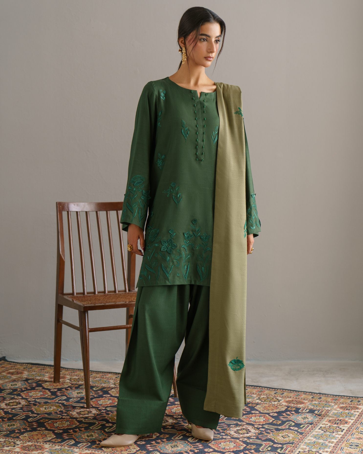 3-Piece Green Woolina Embroidered