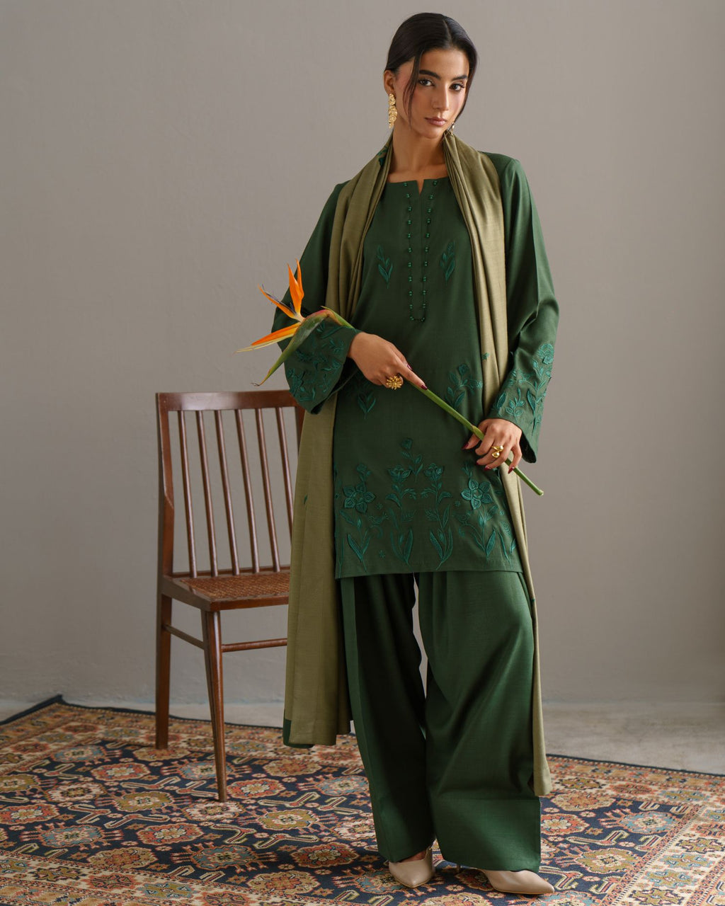 3-Piece Green Woolina Embroidered