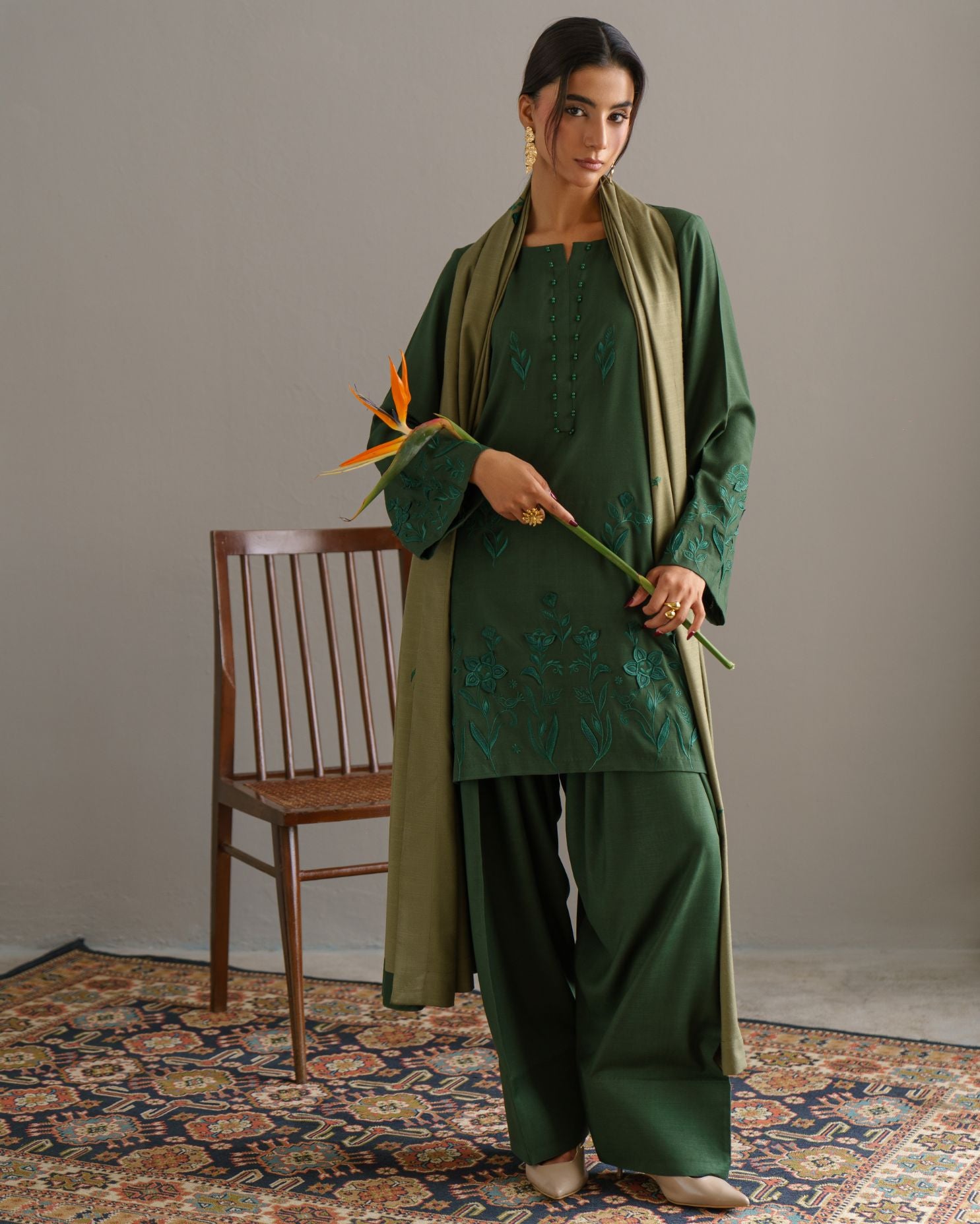 3-Piece Green Woolina Embroidered