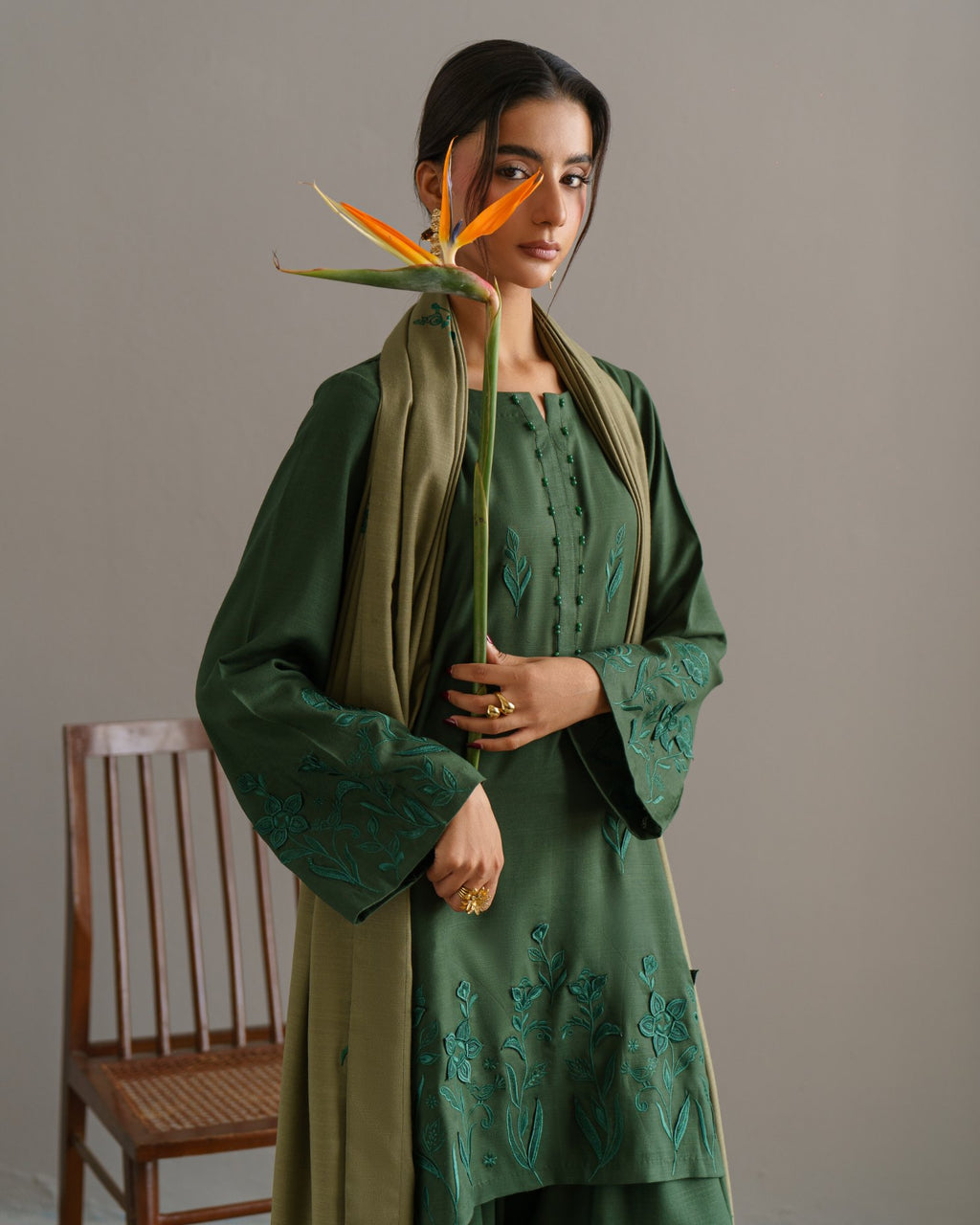 3-Piece Green Woolina Embroidered