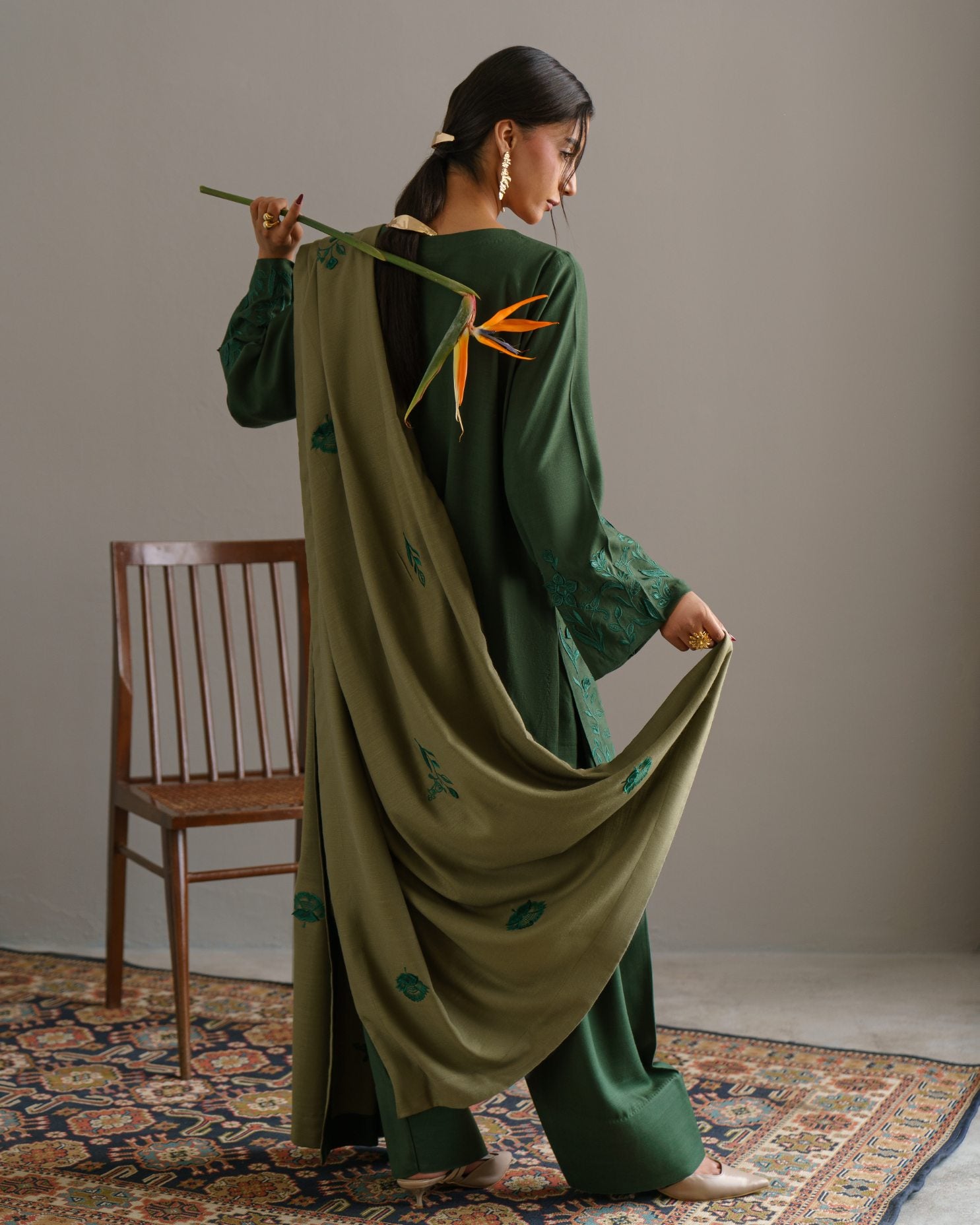 3-Piece Green Woolina Embroidered