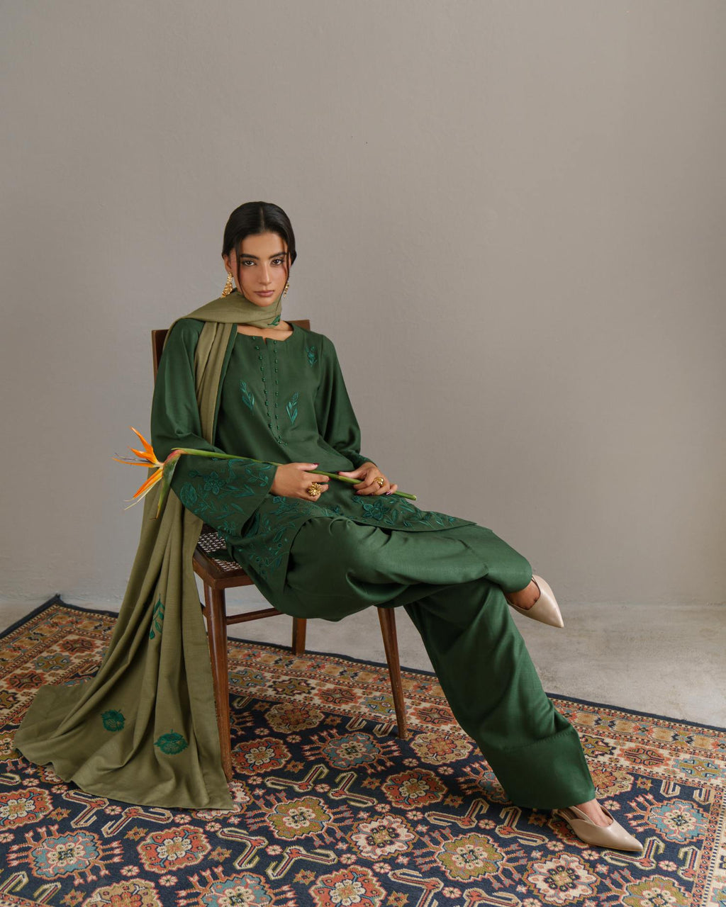 3-Piece Green Woolina Embroidered