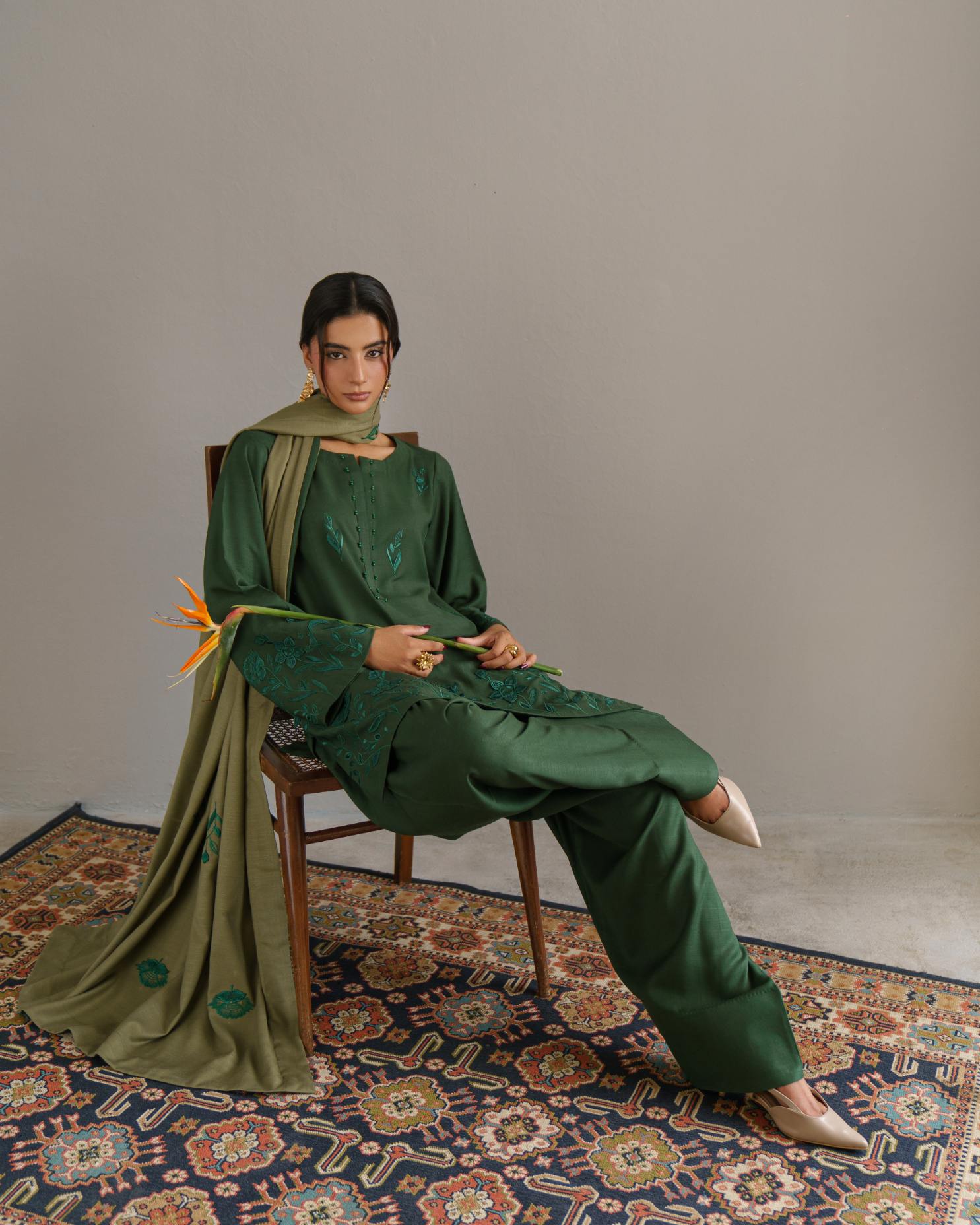 3-Piece Green Woolina Embroidered