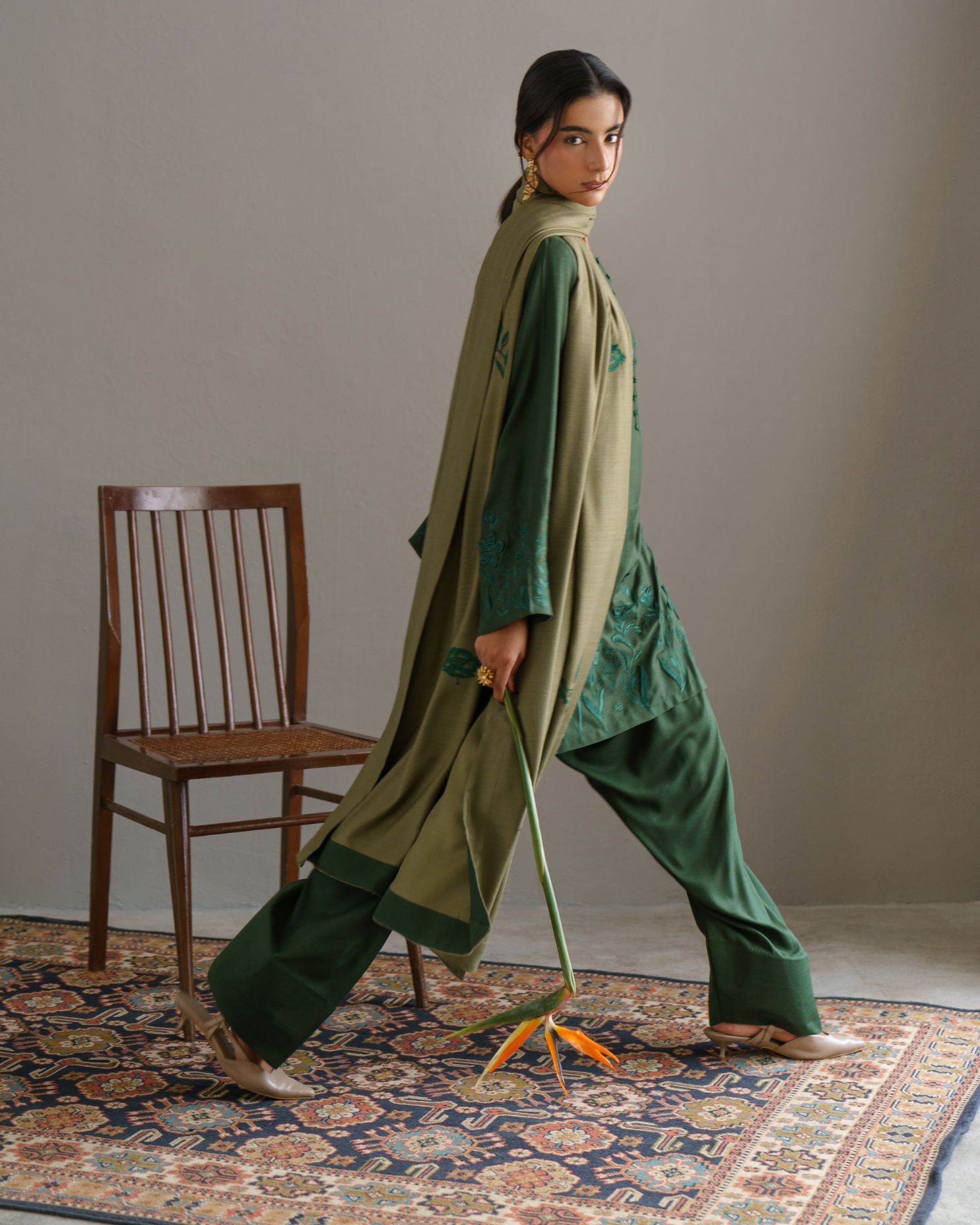 3-Piece Green Woolina Embroidered