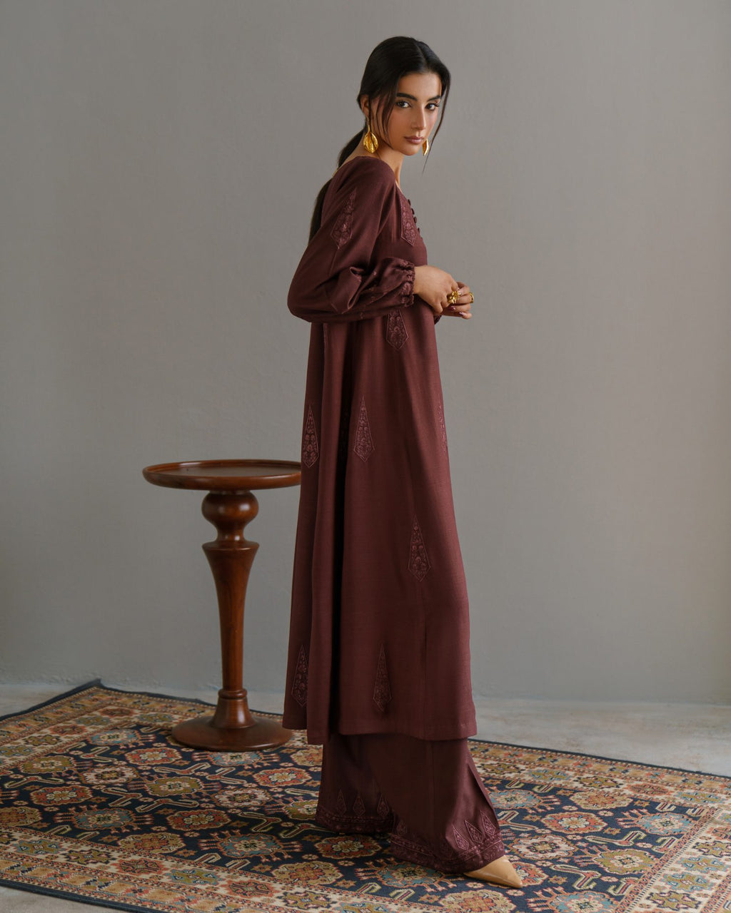 3-Piece Brown Embroidered Woolina