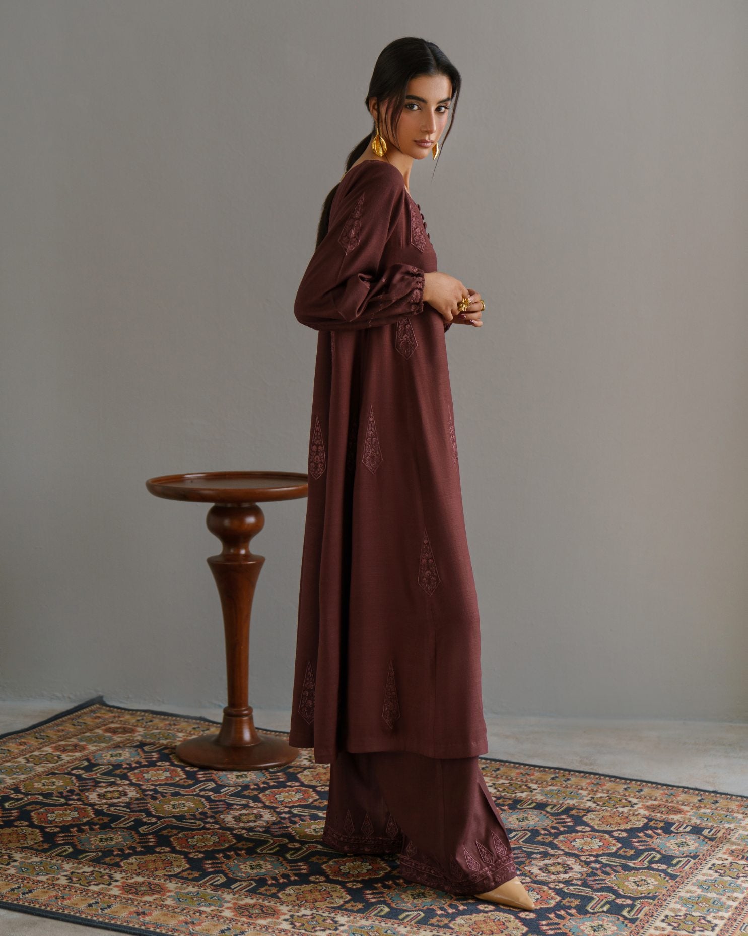 3-Piece Brown Embroidered Woolina