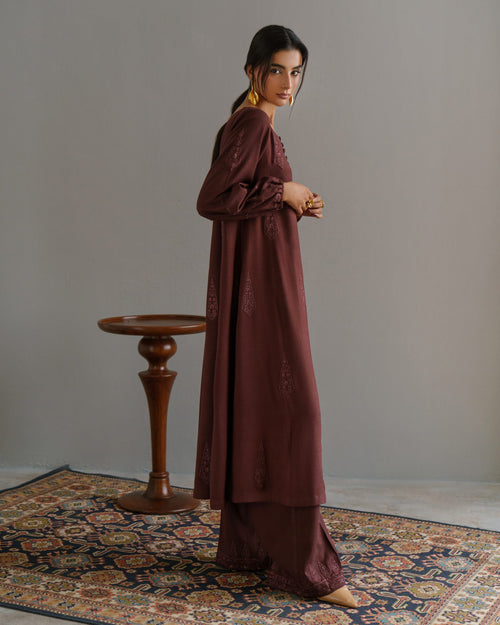 3-Piece Brown Woolina Embroidered