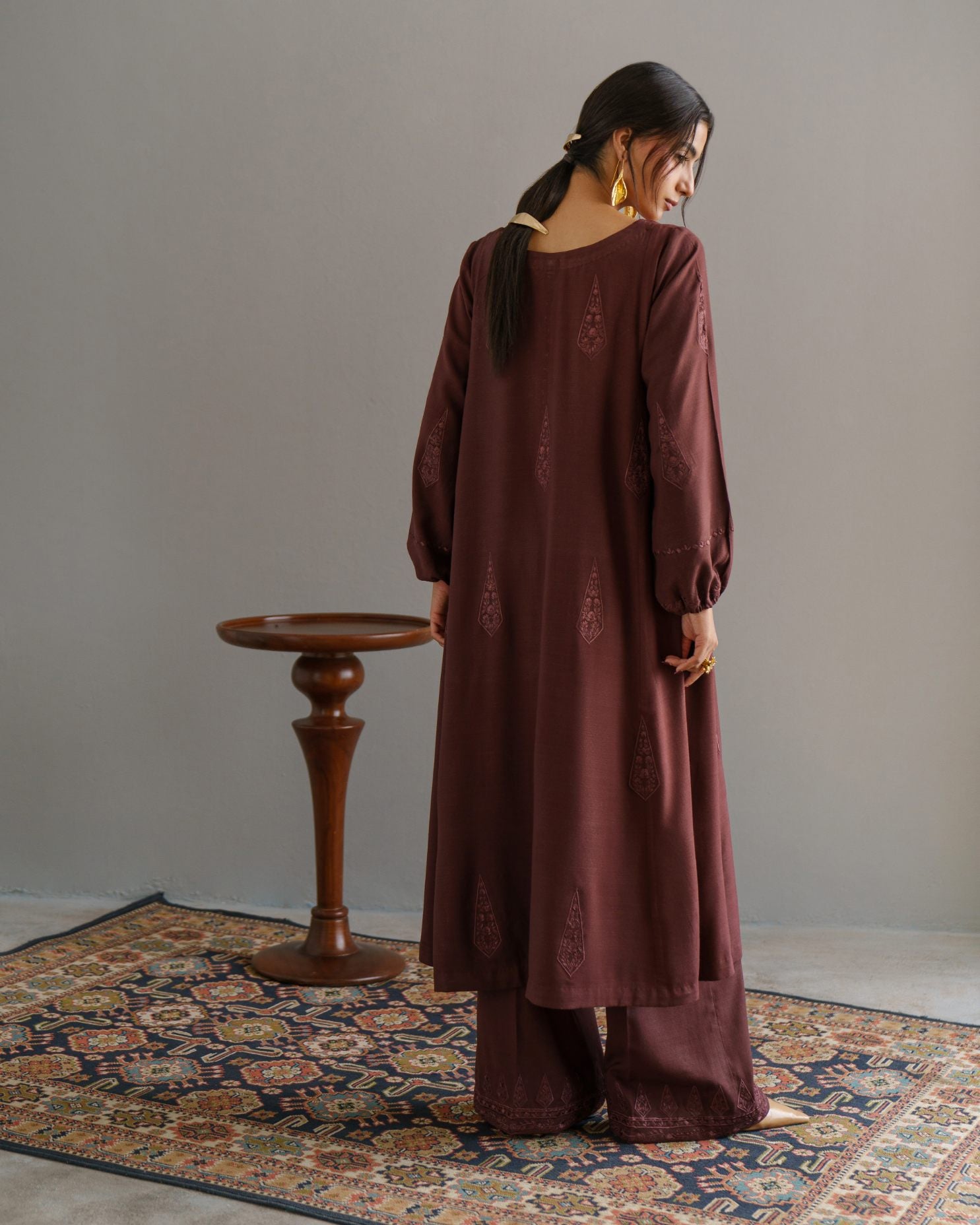 3-Piece Brown Embroidered Woolina