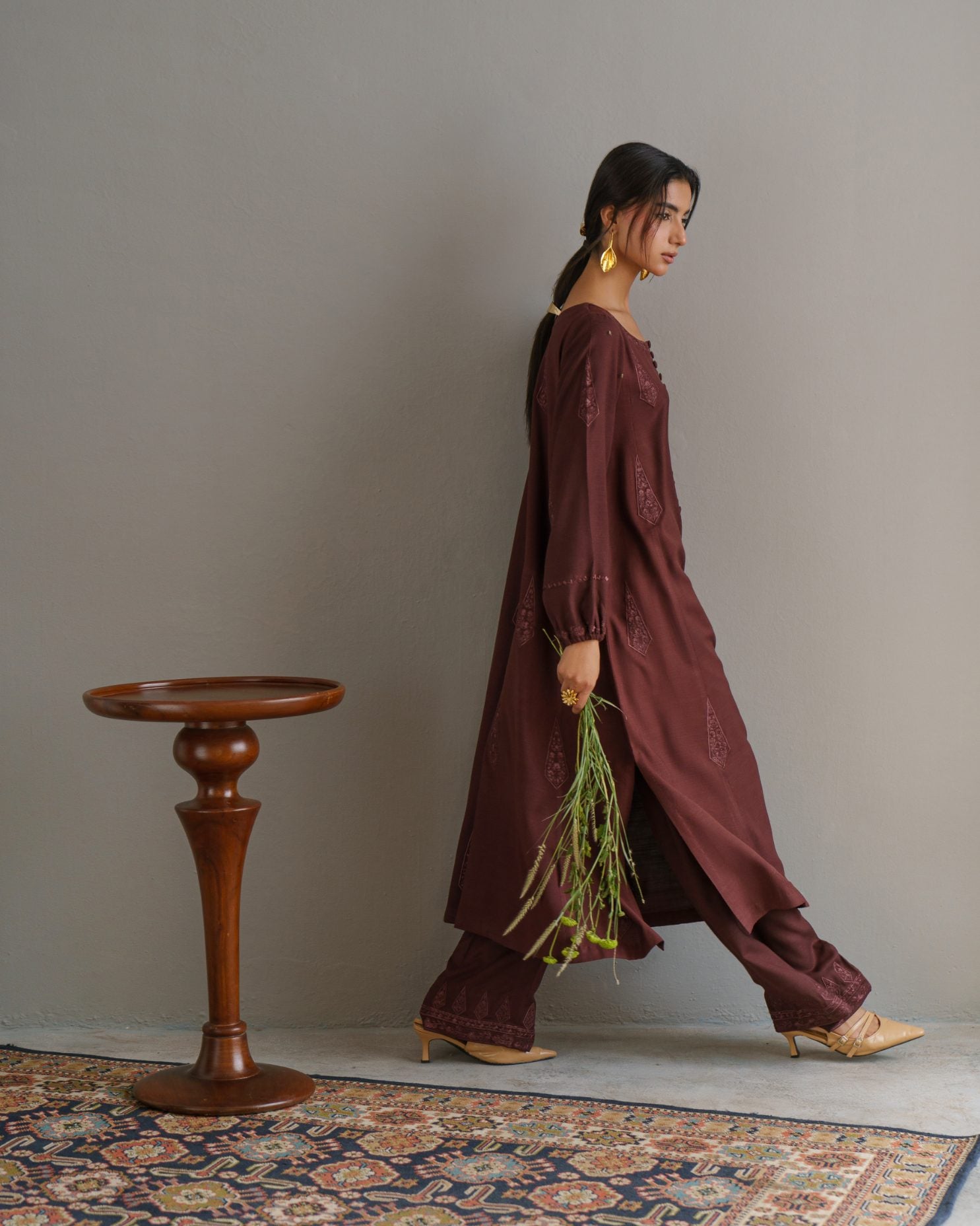 3-Piece Brown Embroidered Woolina