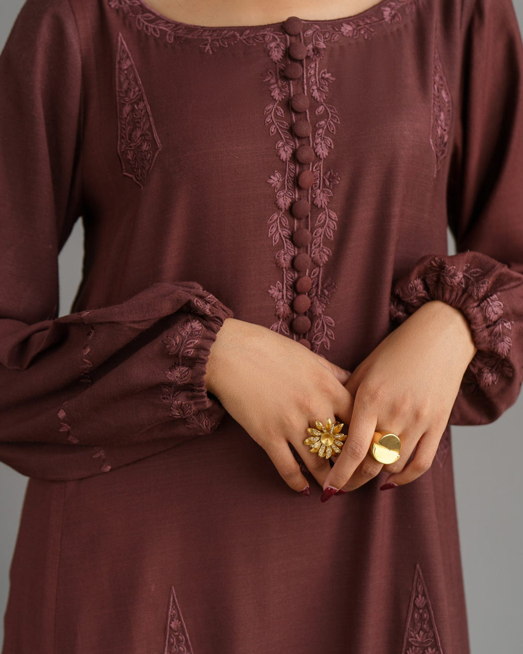 3-Piece Brown Embroidered Woolina