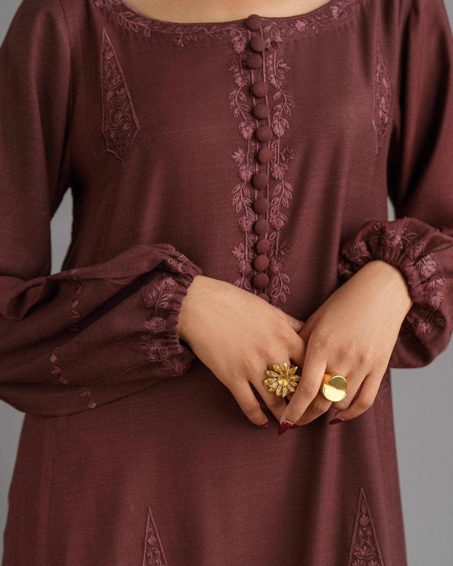 3-Piece Brown Embroidered Woolina