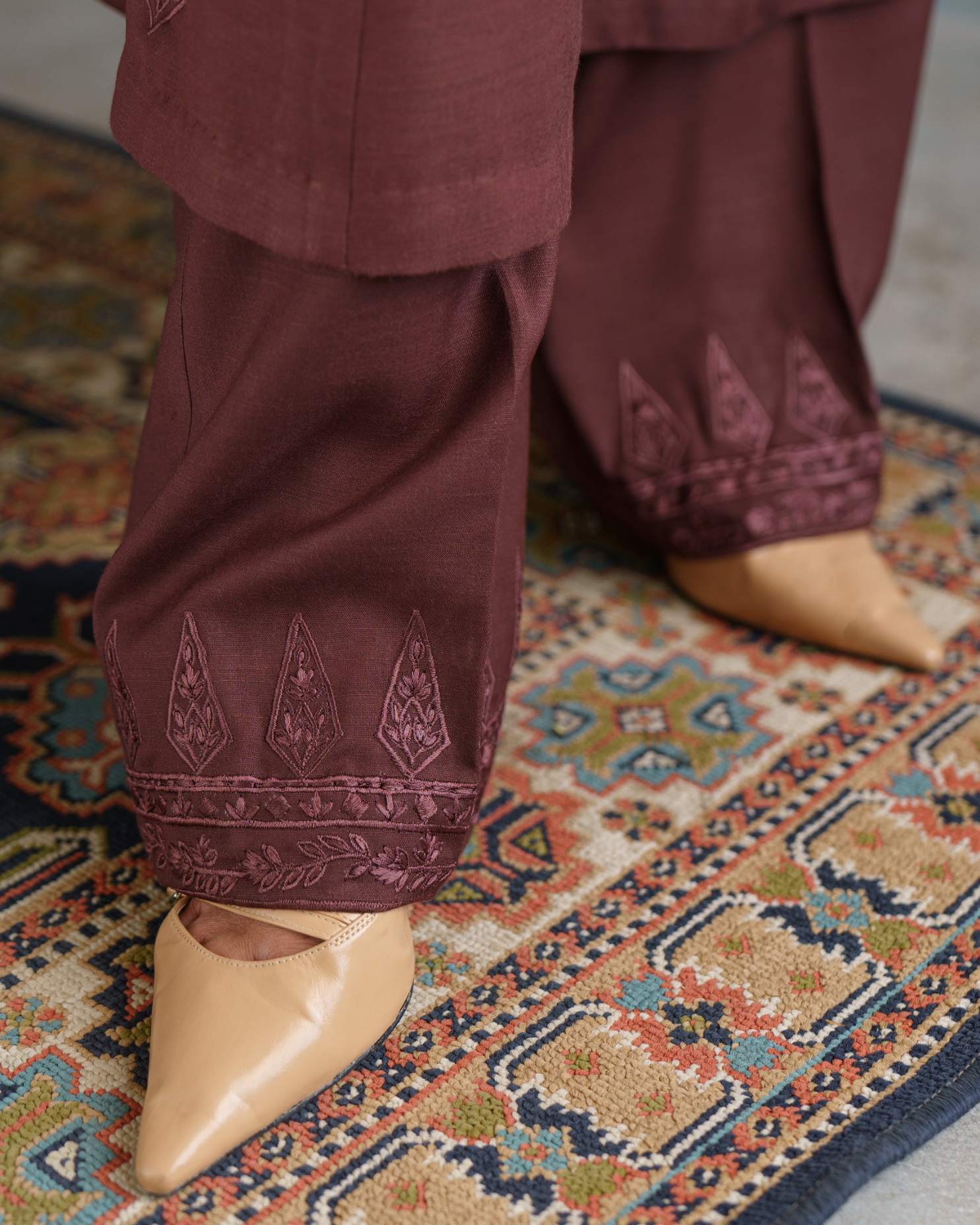 3-Piece Brown Embroidered Woolina