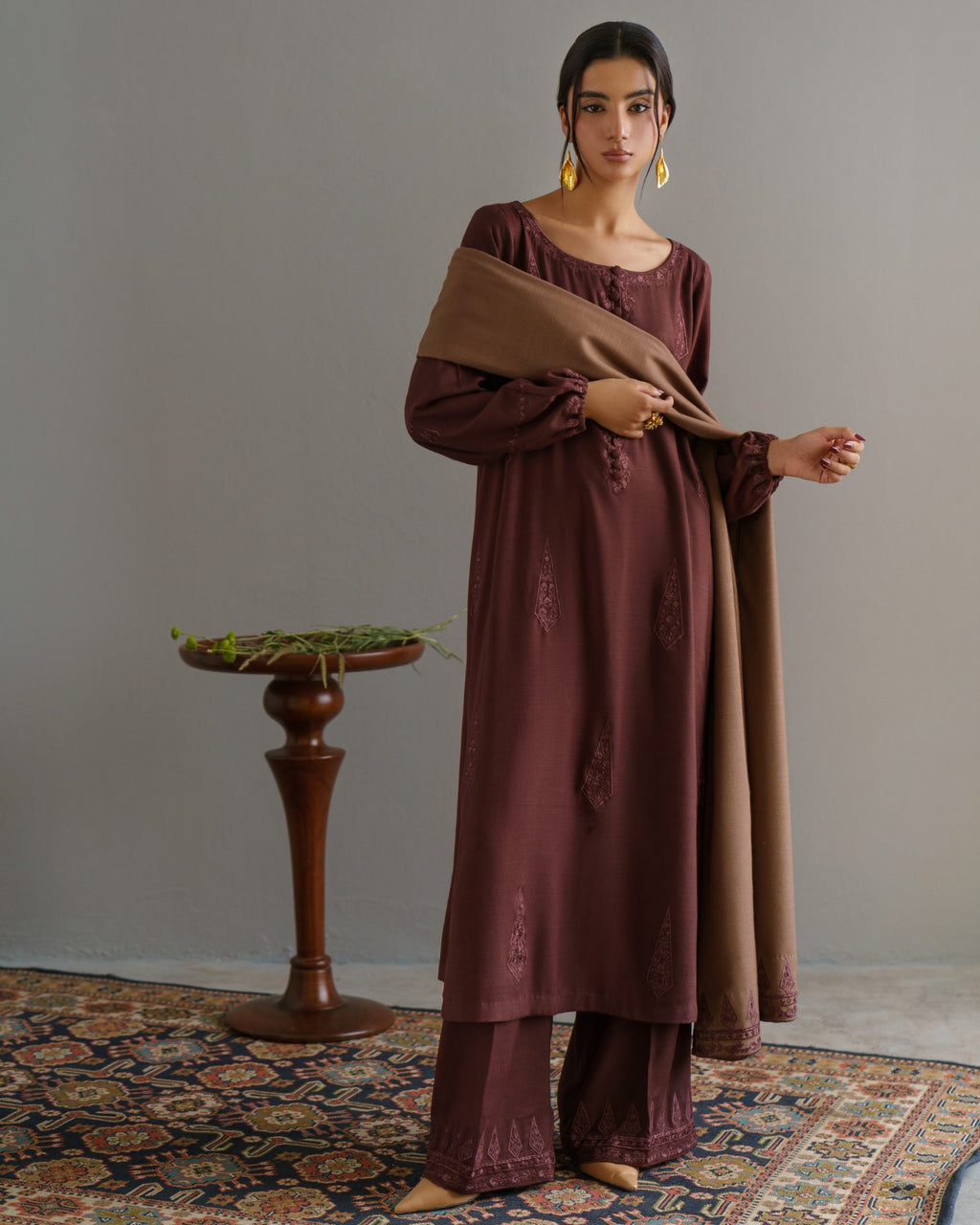 3-Piece Brown Embroidered Woolina