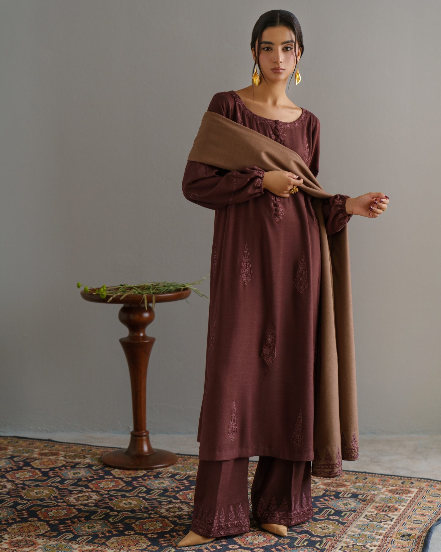 3-Piece Brown Embroidered Woolina