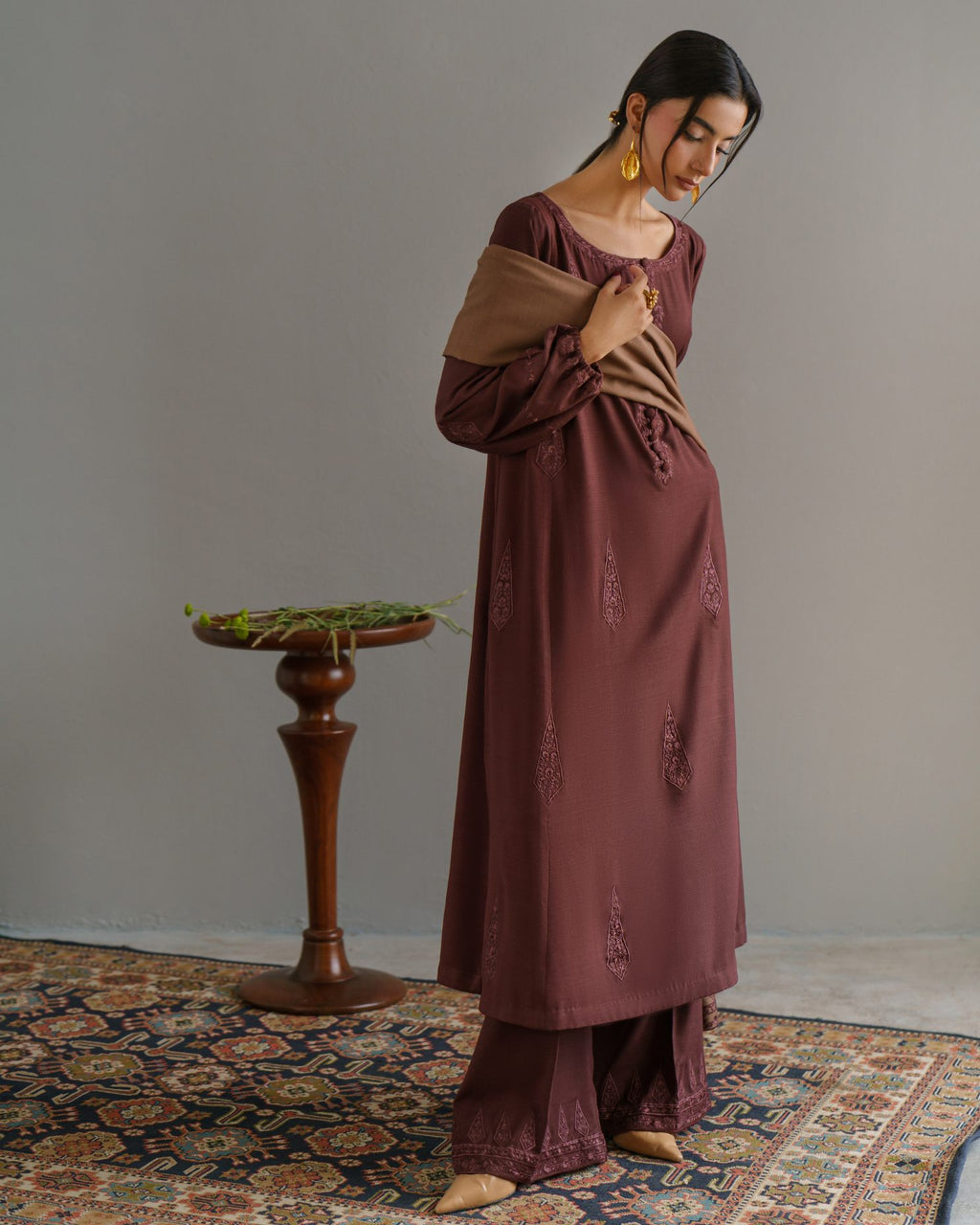3-Piece Brown Embroidered Woolina