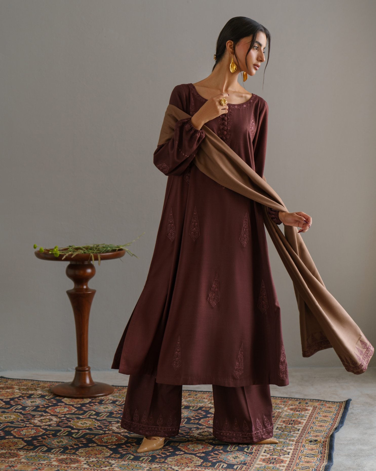 3-Piece Brown Embroidered Woolina