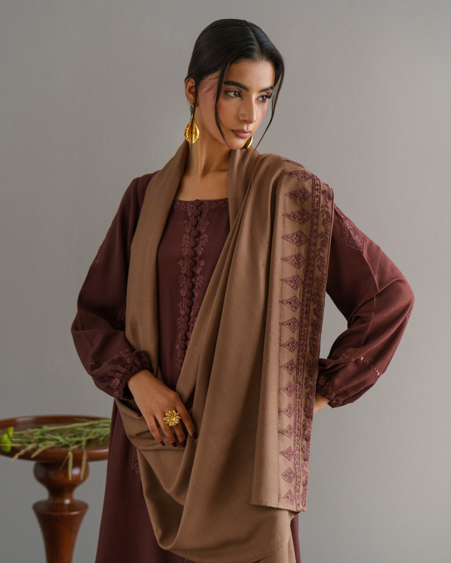 3-Piece Brown Embroidered Woolina