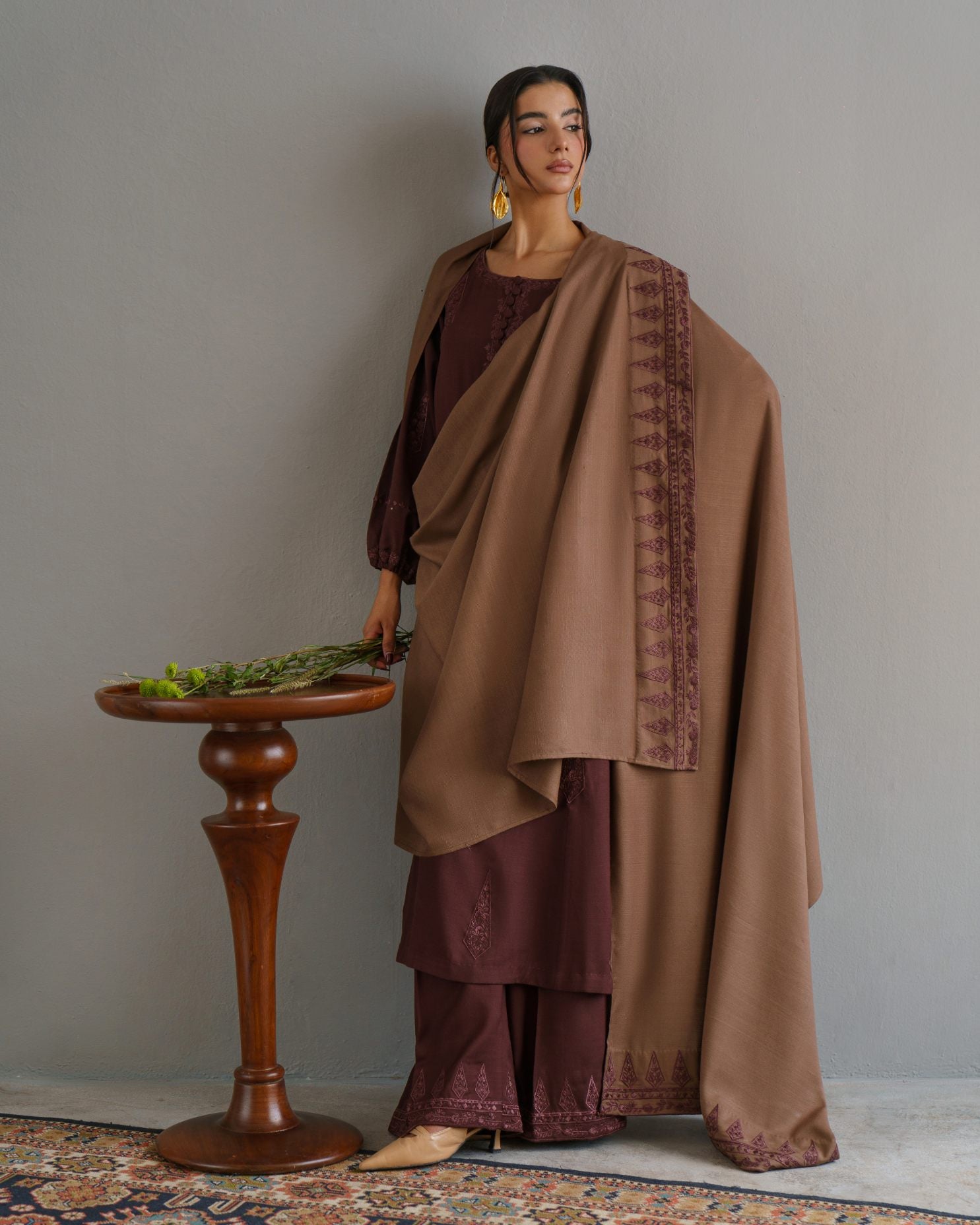 3-Piece Brown Embroidered Woolina