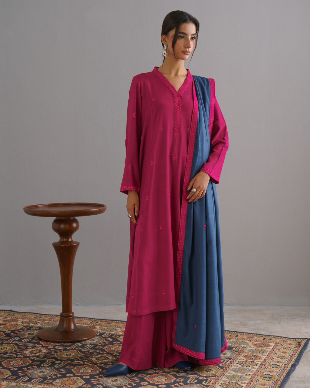 3-Piece Pink Woolina Embroidered