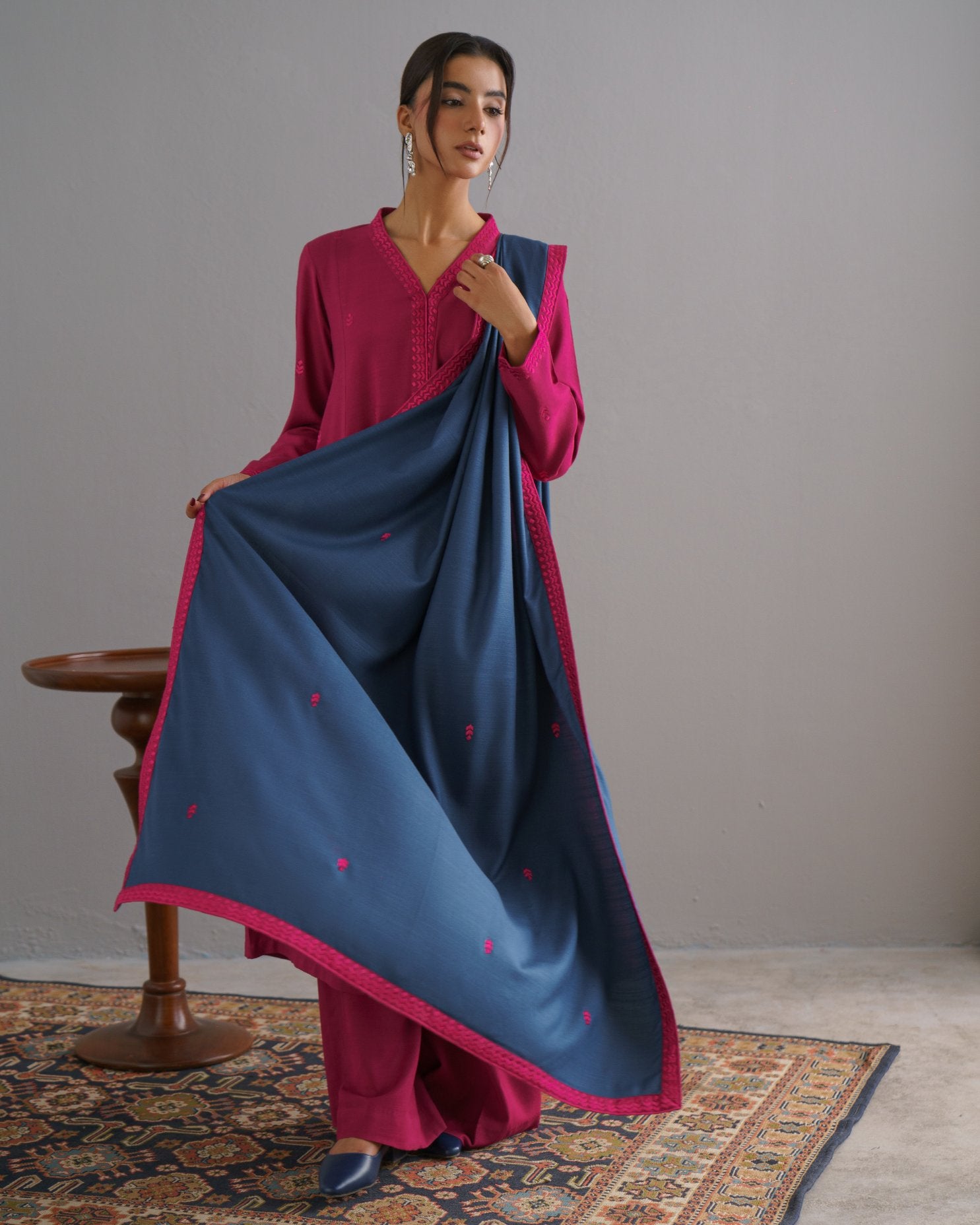 3-Piece Pink Woolina Embroidered
