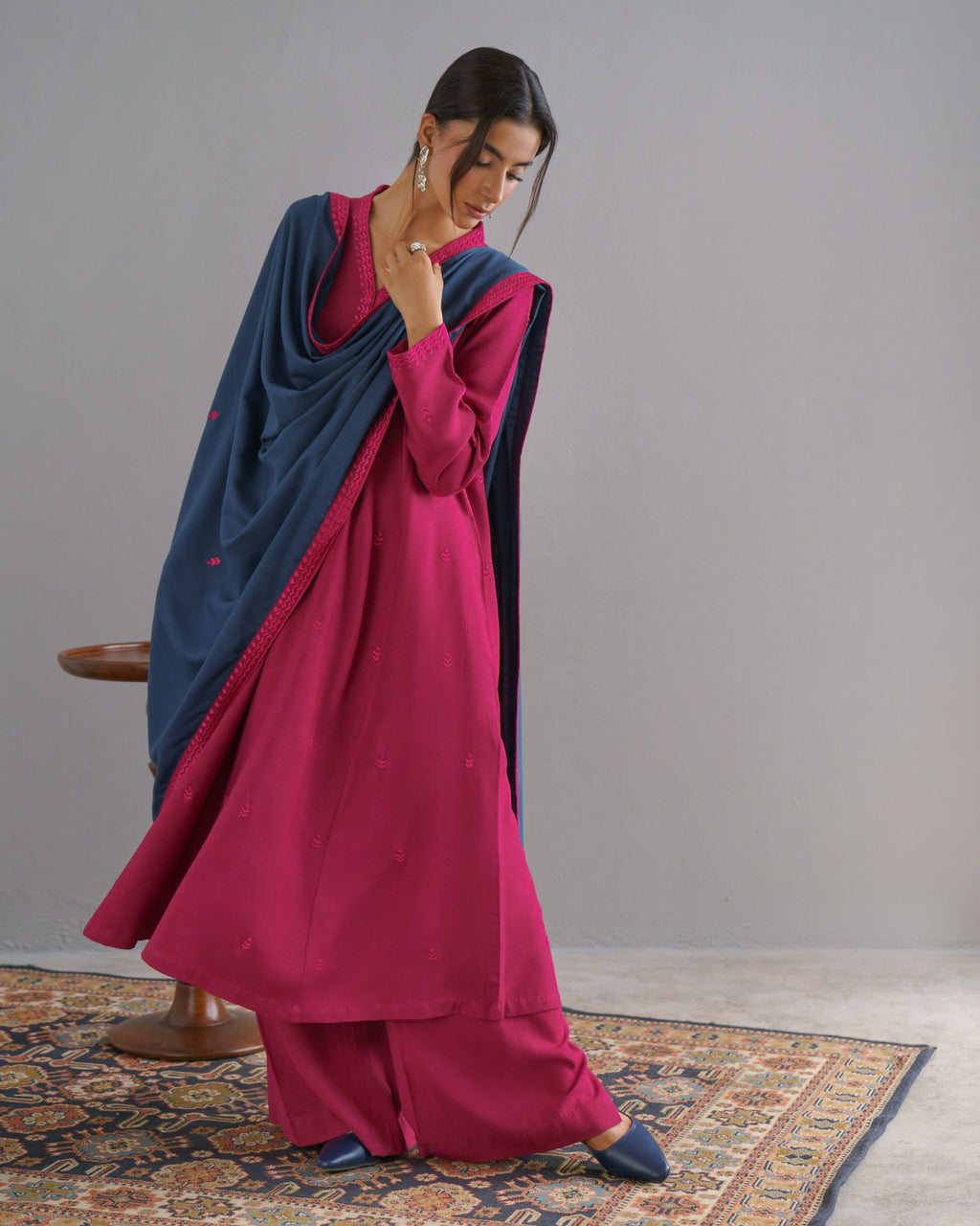 3-Piece Pink Woolina Embroidered