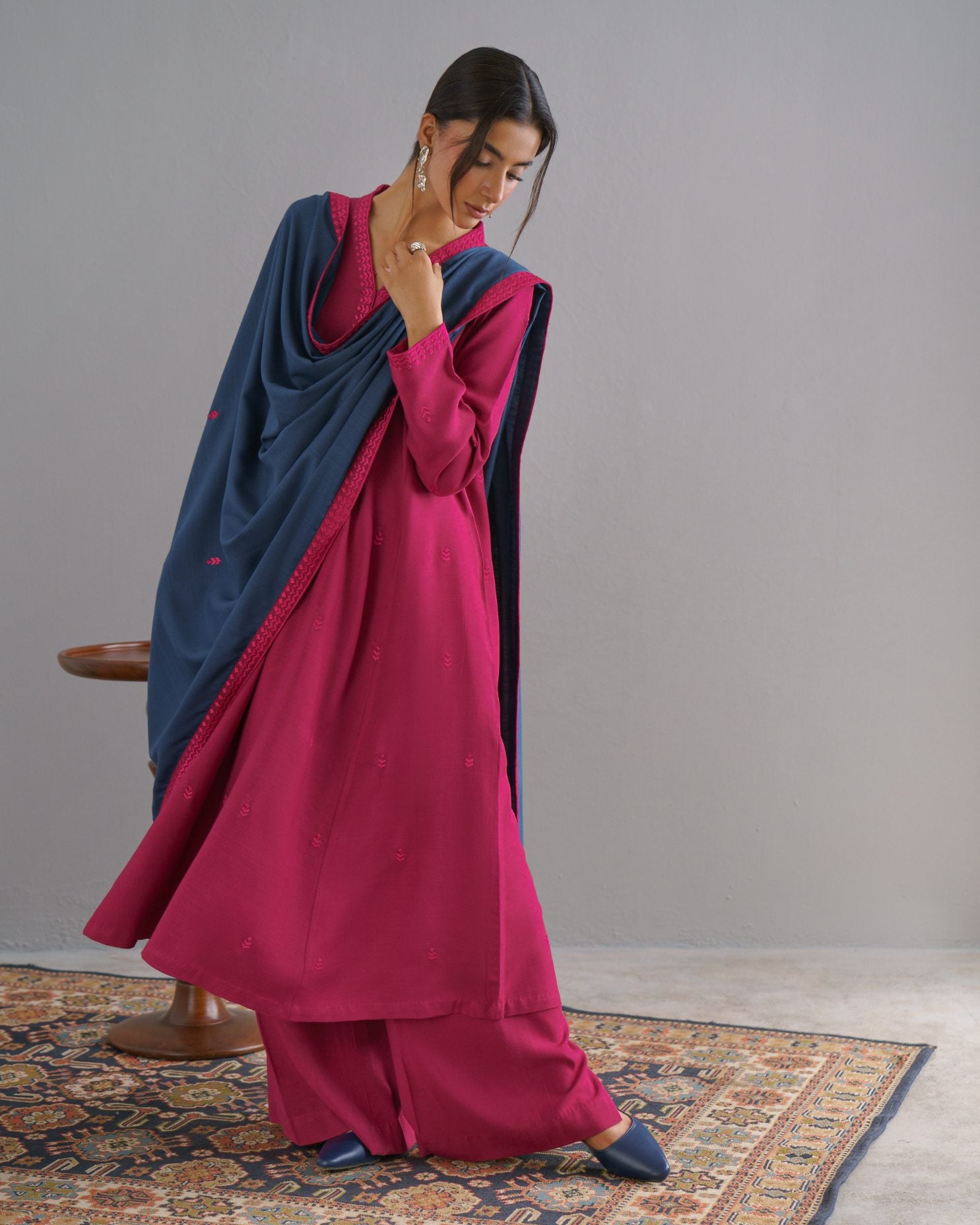 3-Piece Pink Woolina Embroidered