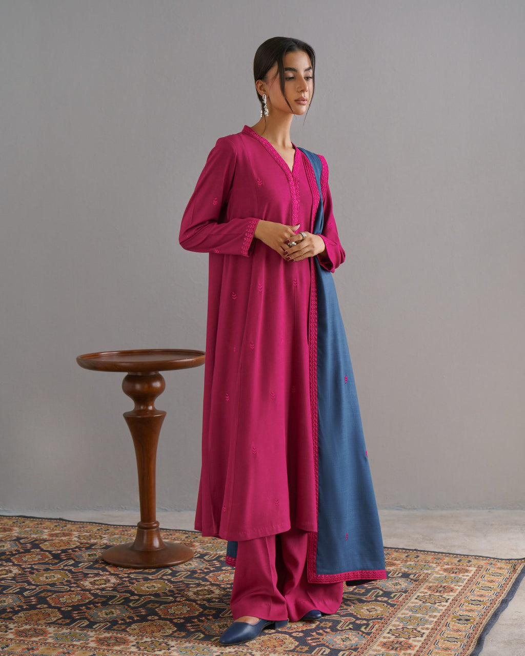 3-Piece Pink Woolina Embroidered