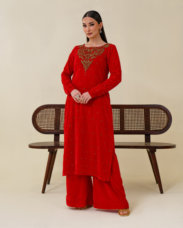 3-Piece Red Velvet Embroidered