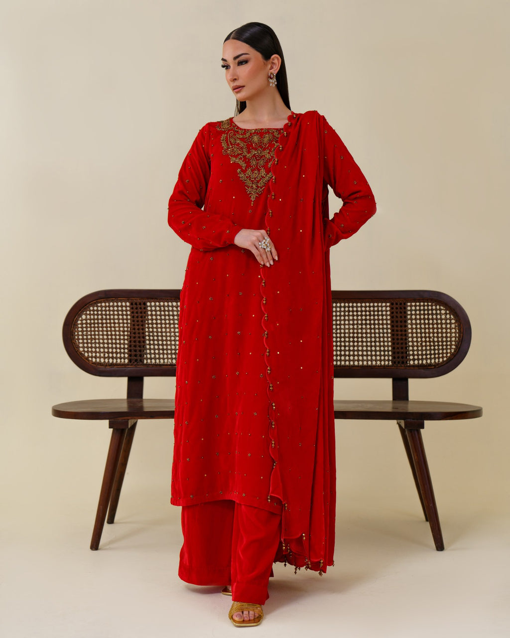 3-Piece Red Velvet Embroidered