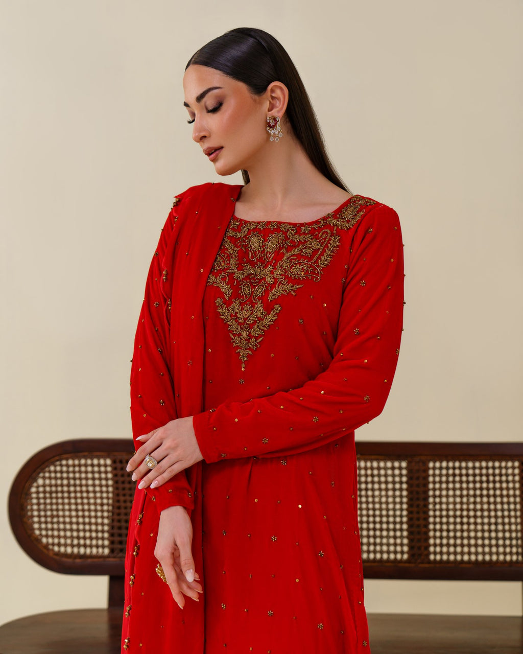 3-Piece Red Velvet Embroidered