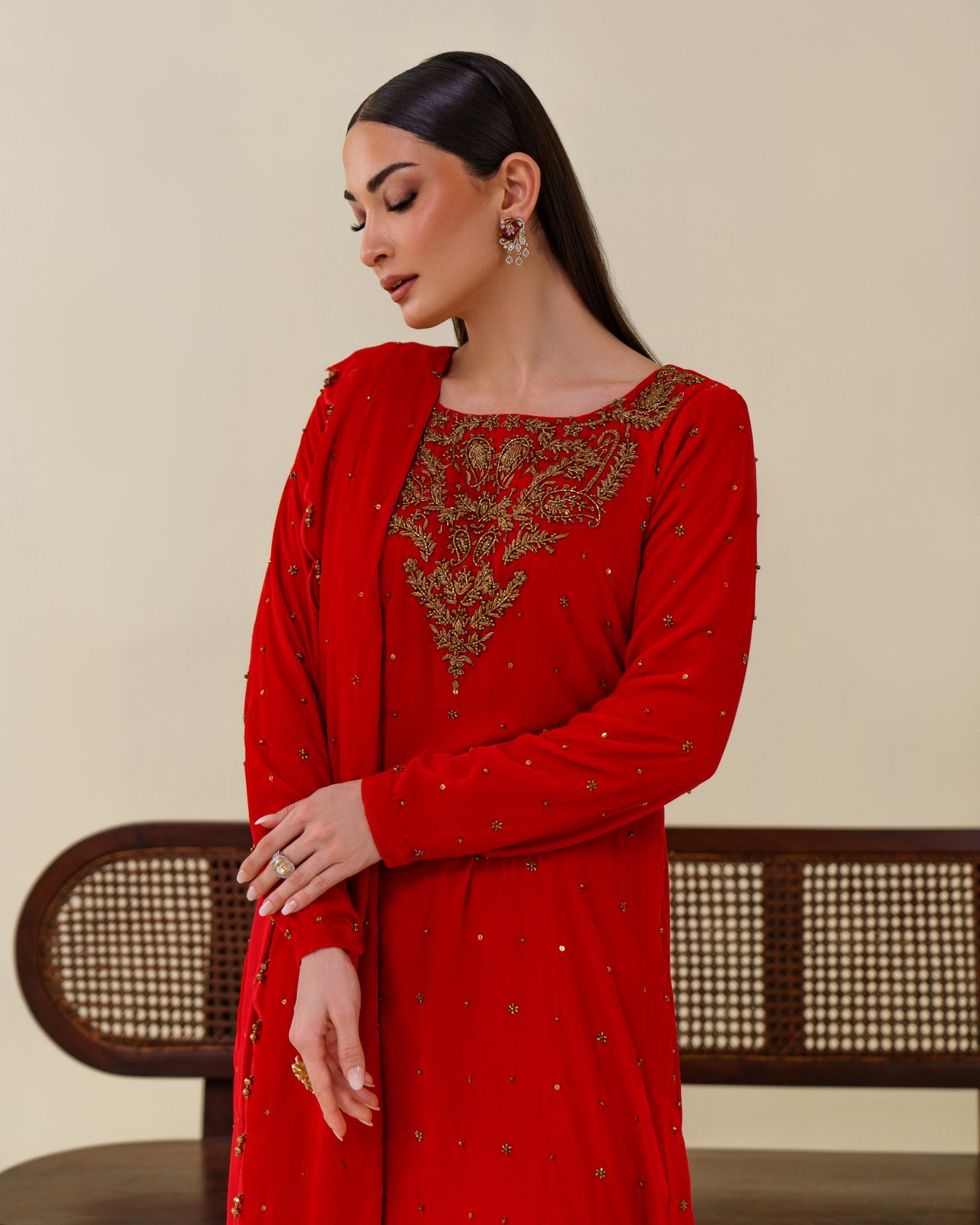 3-Piece Red Velvet Embroidered