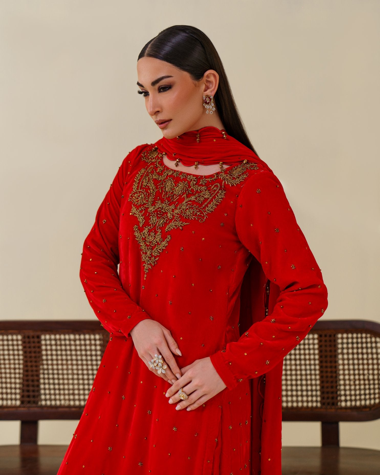 3-Piece Red Velvet Embroidered