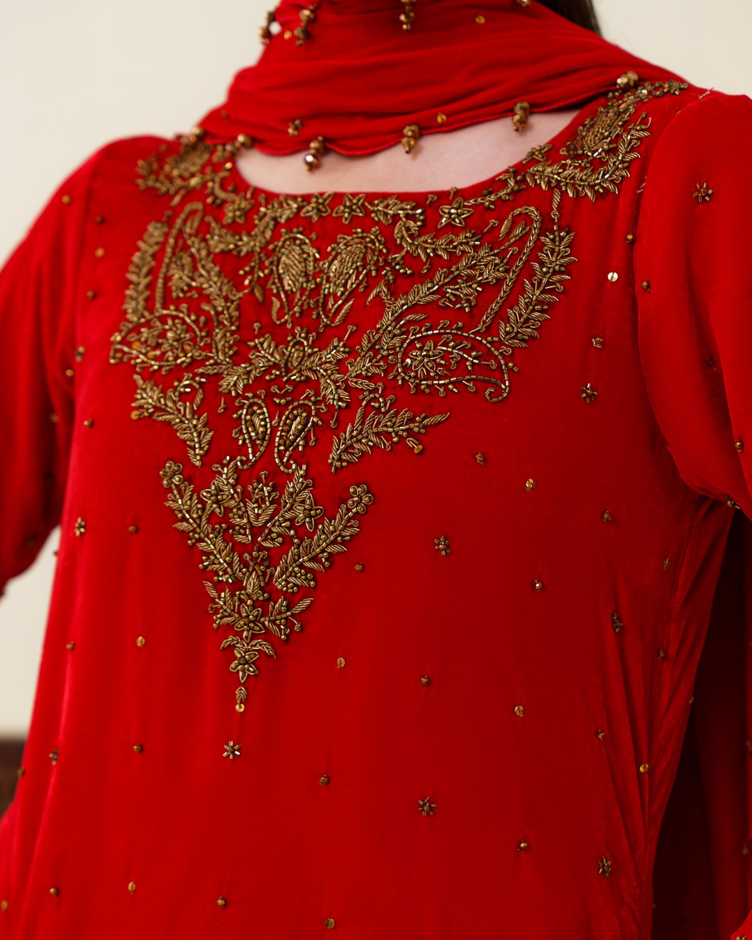3-Piece Red Velvet Embroidered