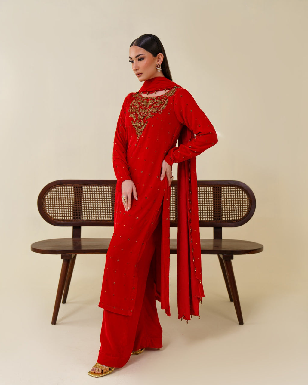 3-Piece Red Velvet Embroidered
