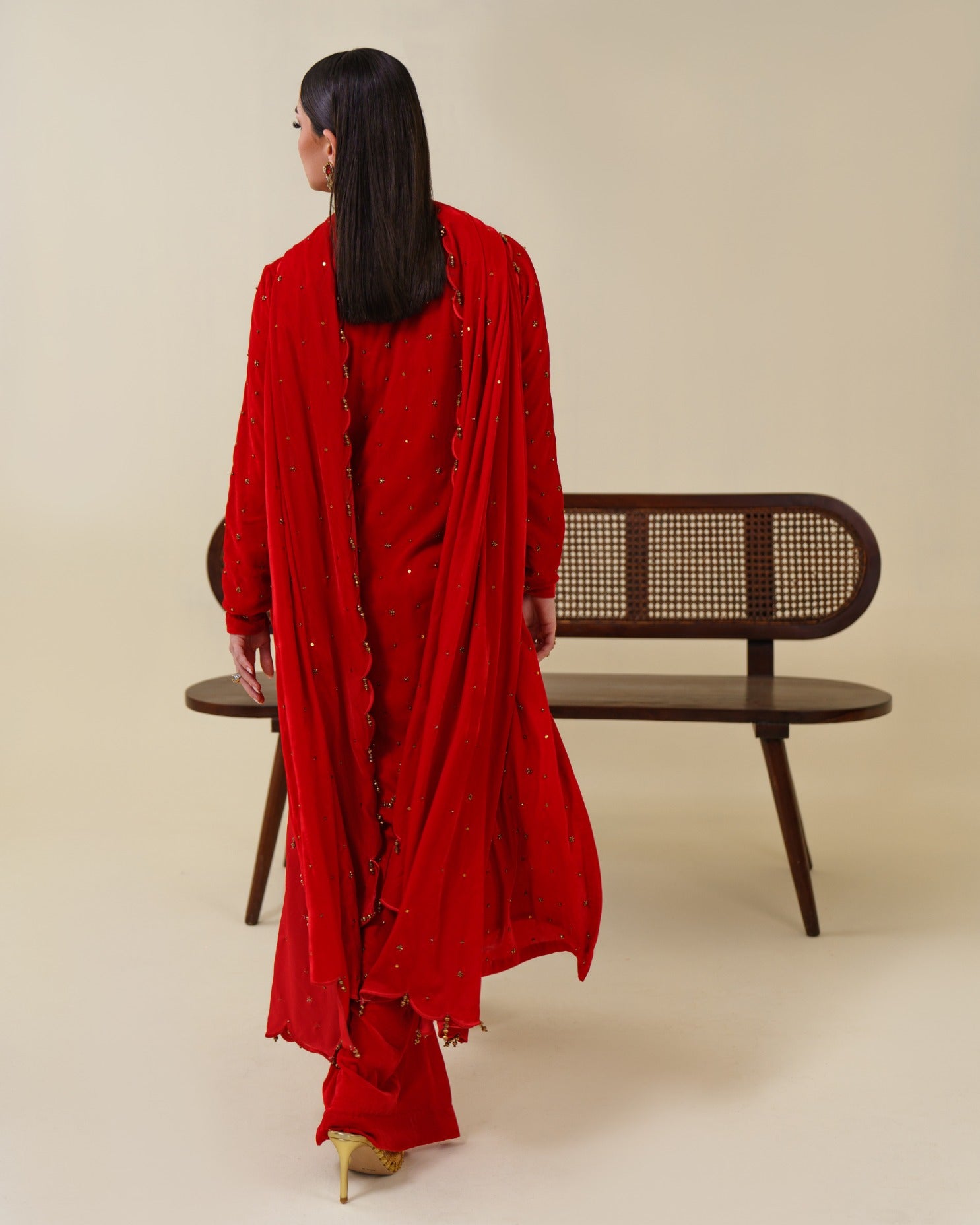 3-Piece Red Velvet Embroidered