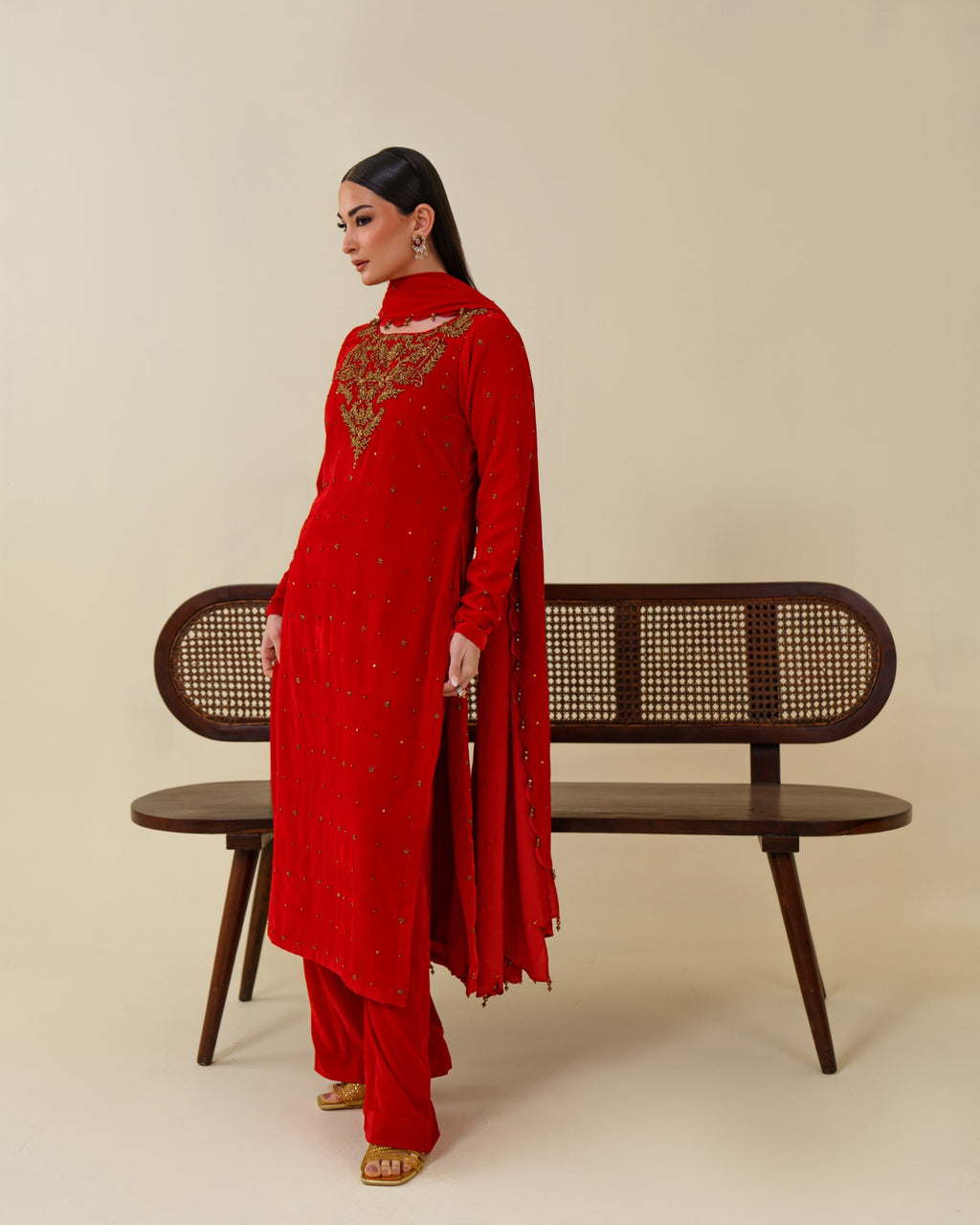 3-Piece Red Velvet Embroidered