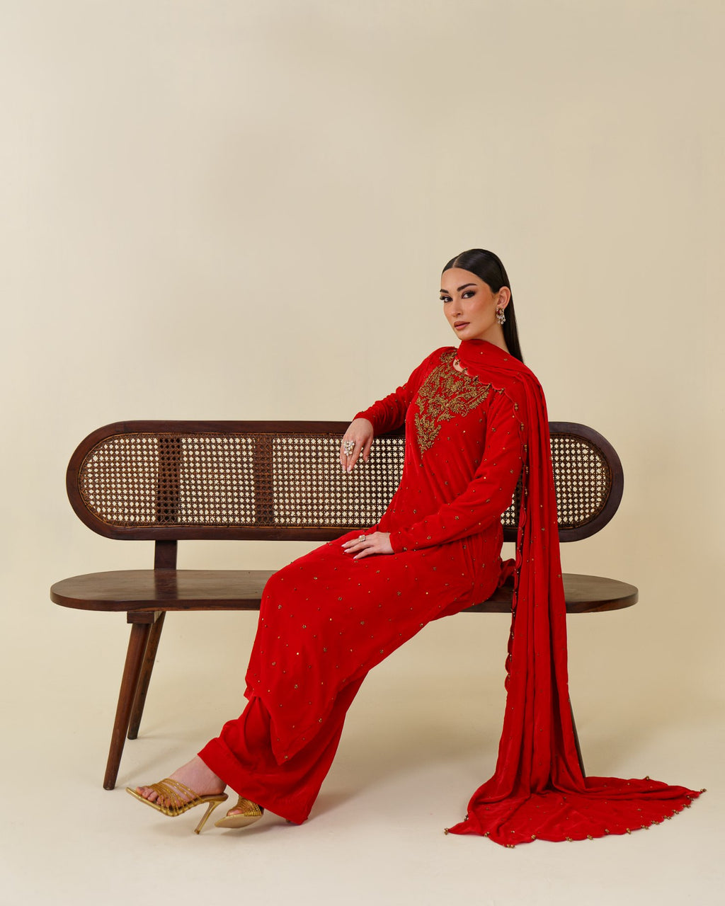 3-Piece Red Velvet Embroidered