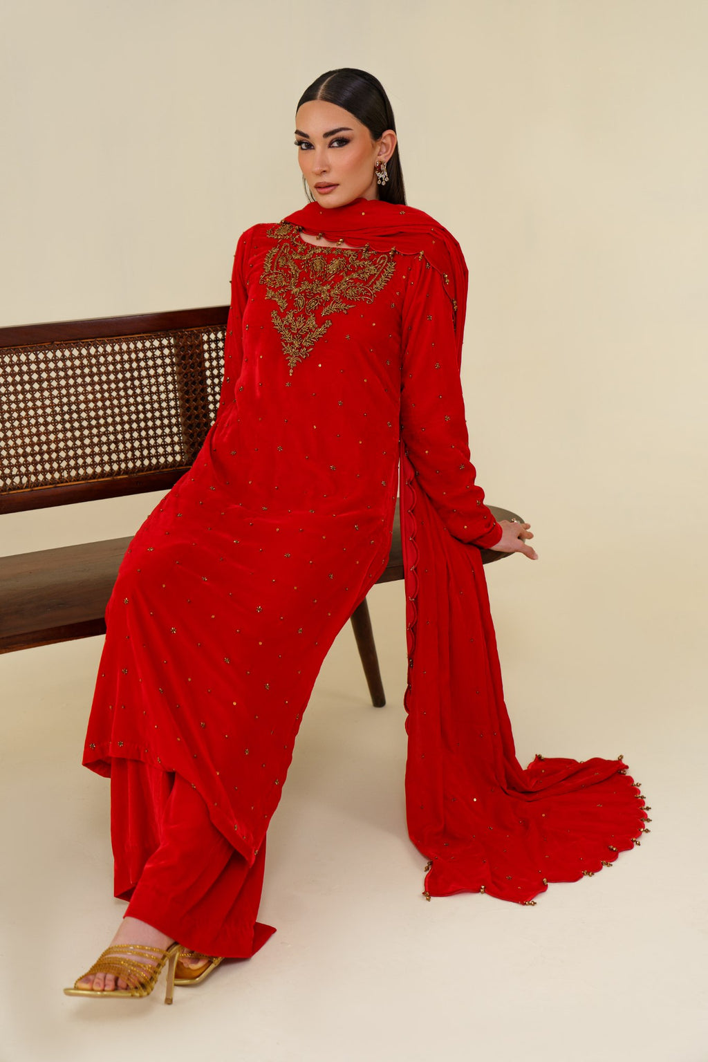 3-Piece Red Velvet Embroidered