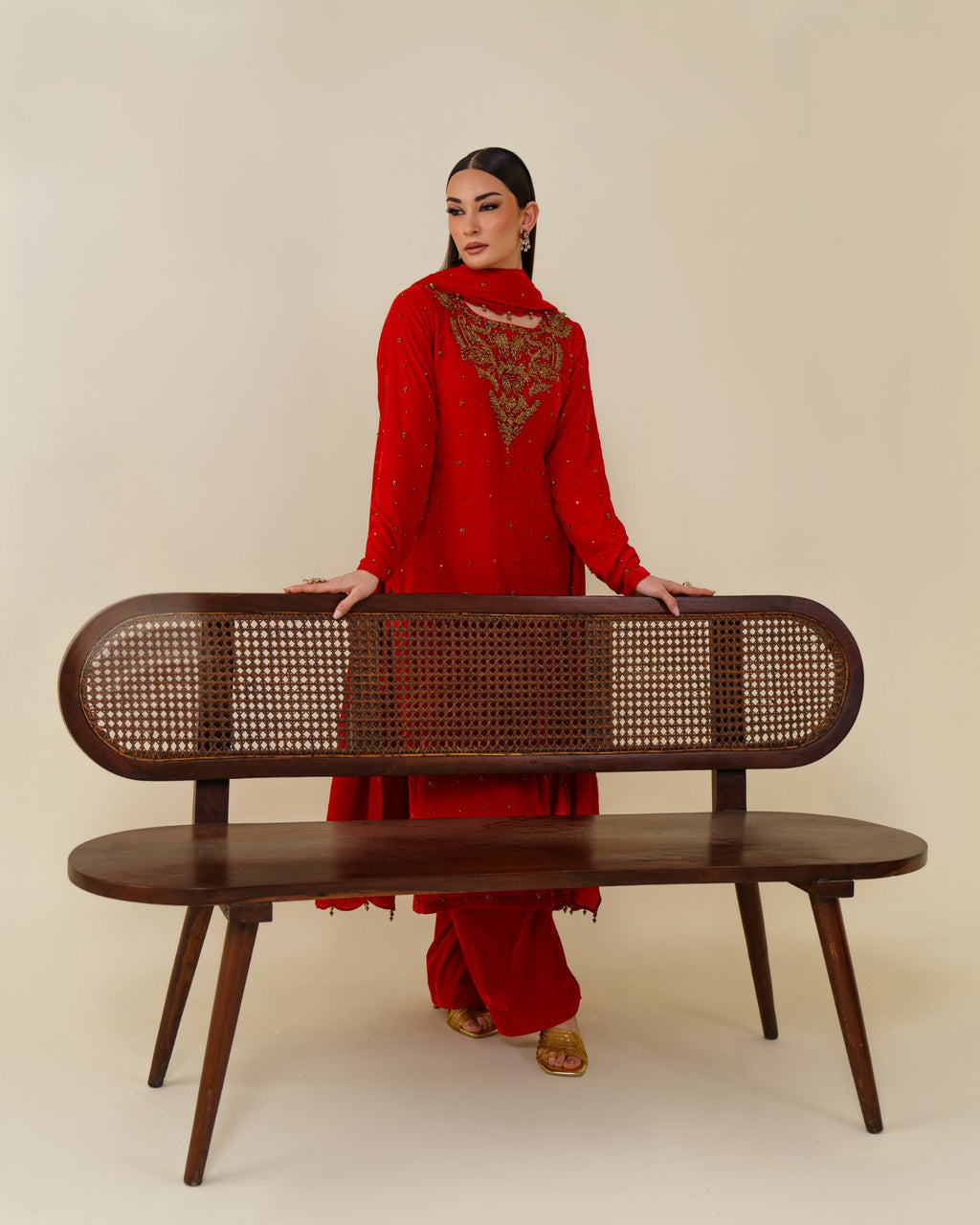 3-Piece Red Velvet Embroidered