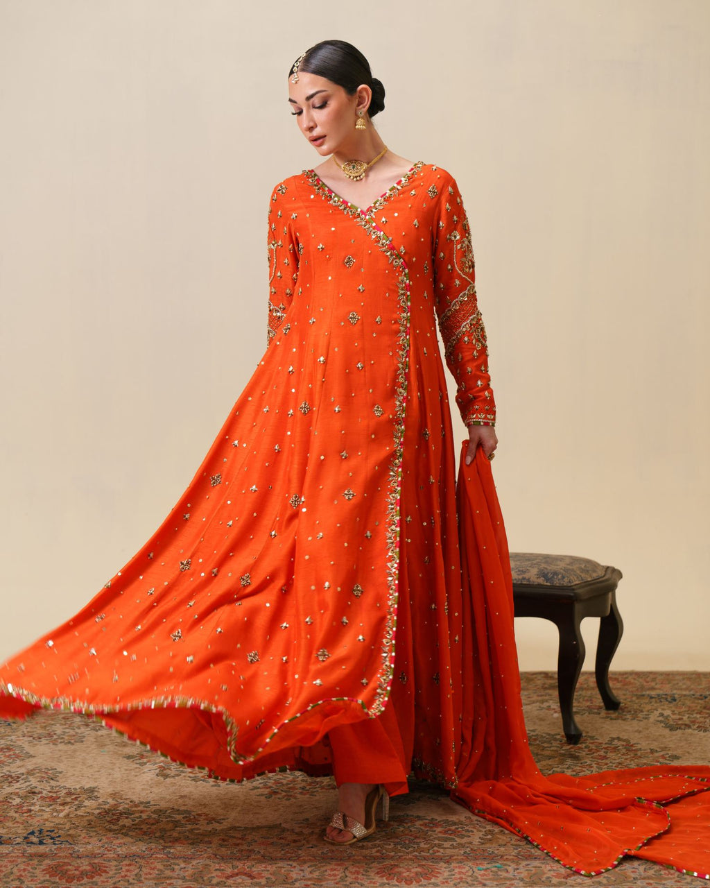 3-Piece Orange Anarkha Raw Silk Embroidered
